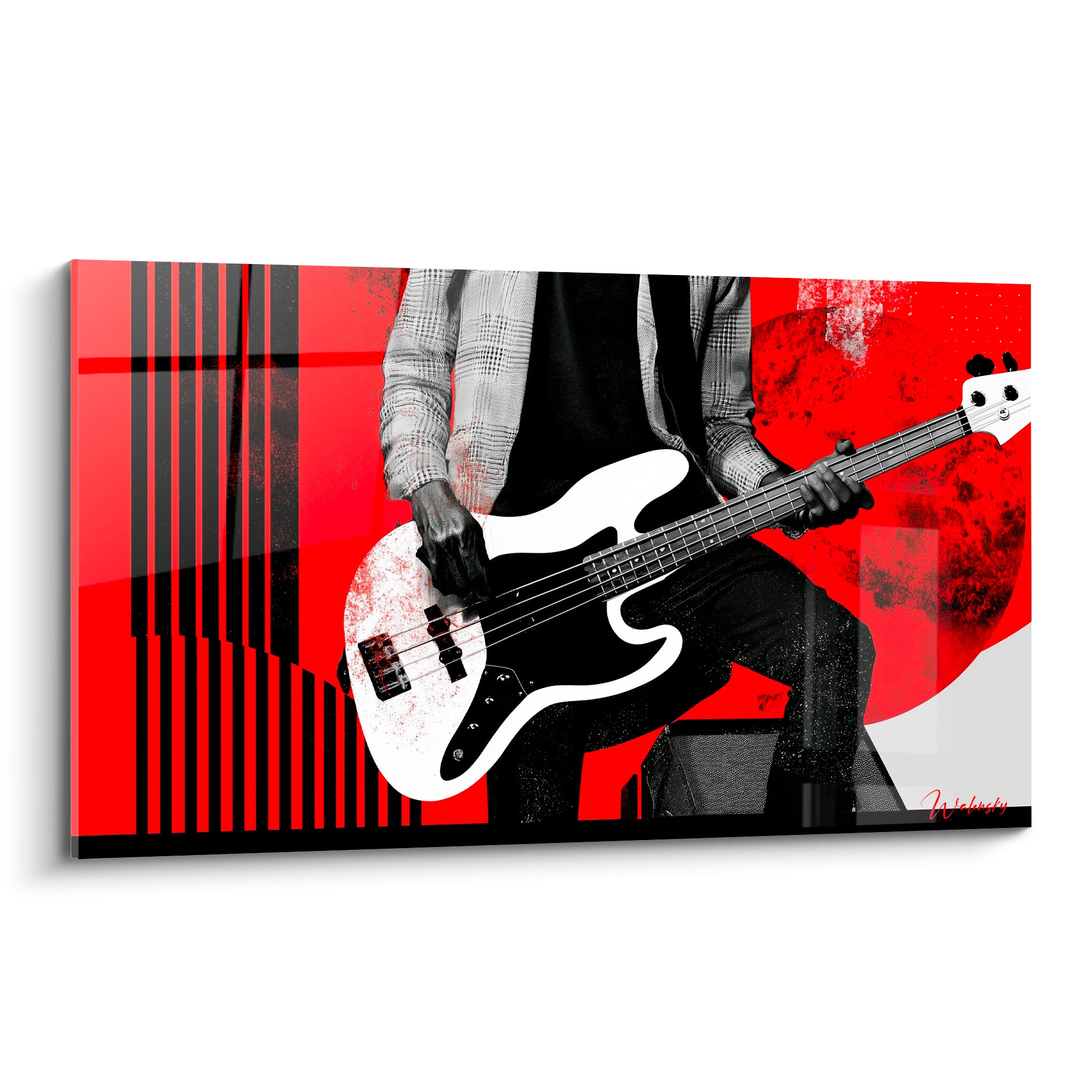 Musique en tableau graphique rouge et noir, bassiste tenant une guitare basse blanche détaillée