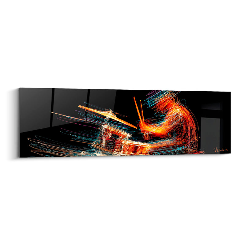 Tableau Musique orange et bleu batterie filaments - Baguettes en mouvement - Edition Musique