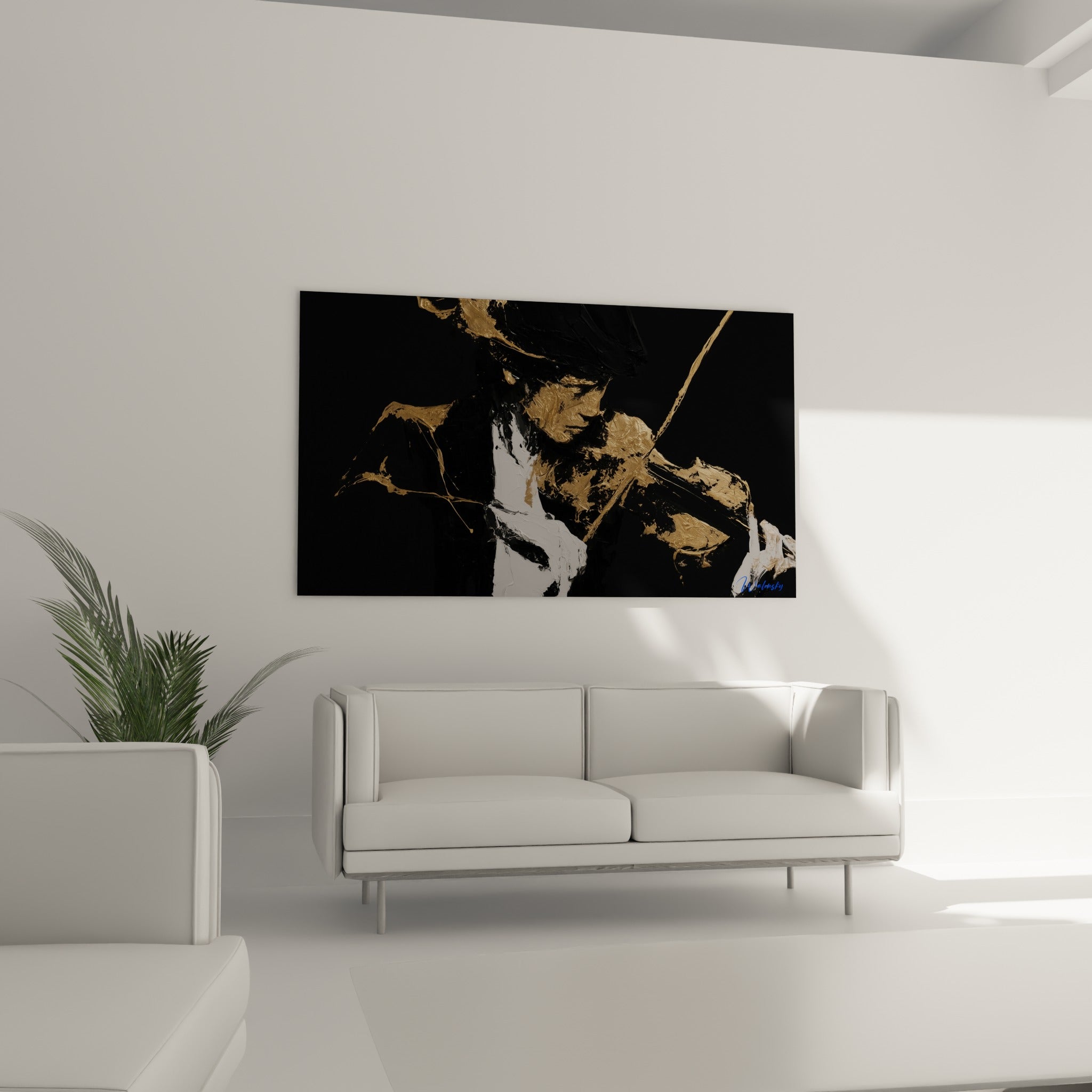 Violoniste béret noir et touches blanches, composition intense au-dessus d'un canapé dans un salon lumineux