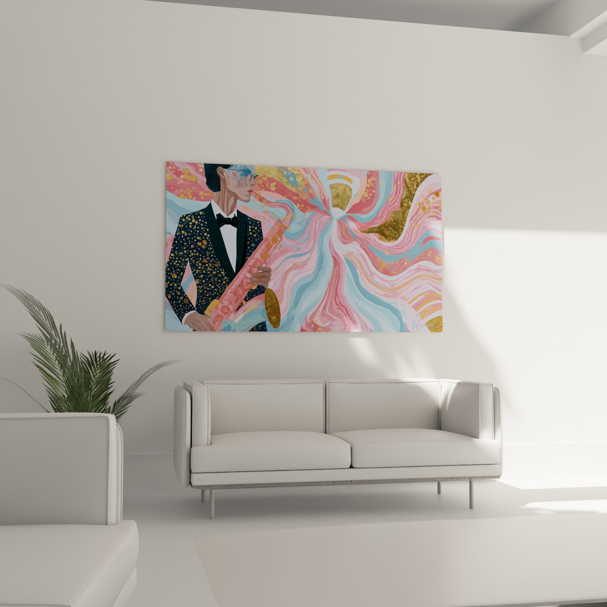 Silhouette élégante jouant du saxophone dans un tourbillon bleu et rose, tableau Musique au-dessus d'un canapé dans un salon lumineux