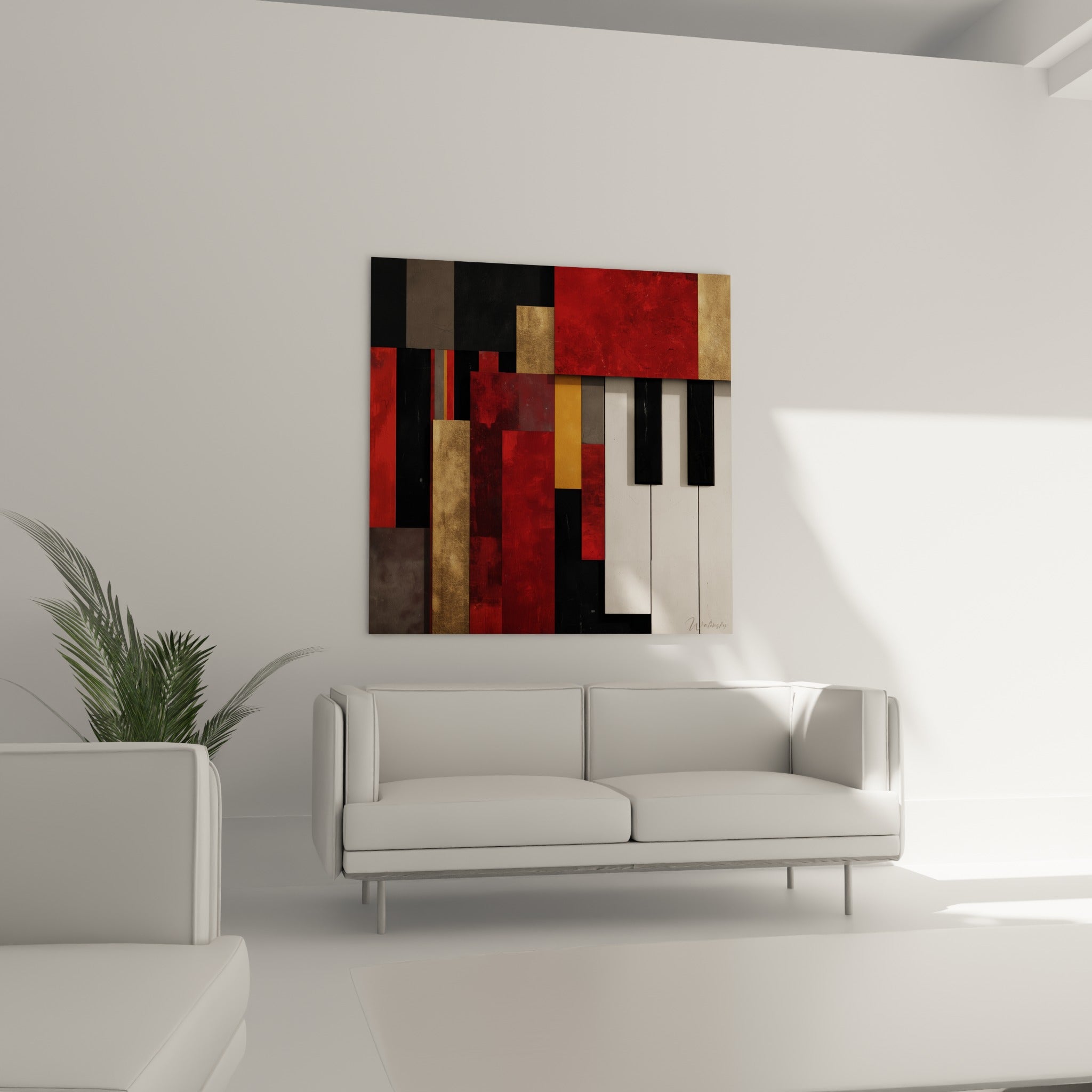 Blocs géométriques rouge et or évoquant la musique et un clavier de piano, au-dessus d'un canapé dans un salon lumineux