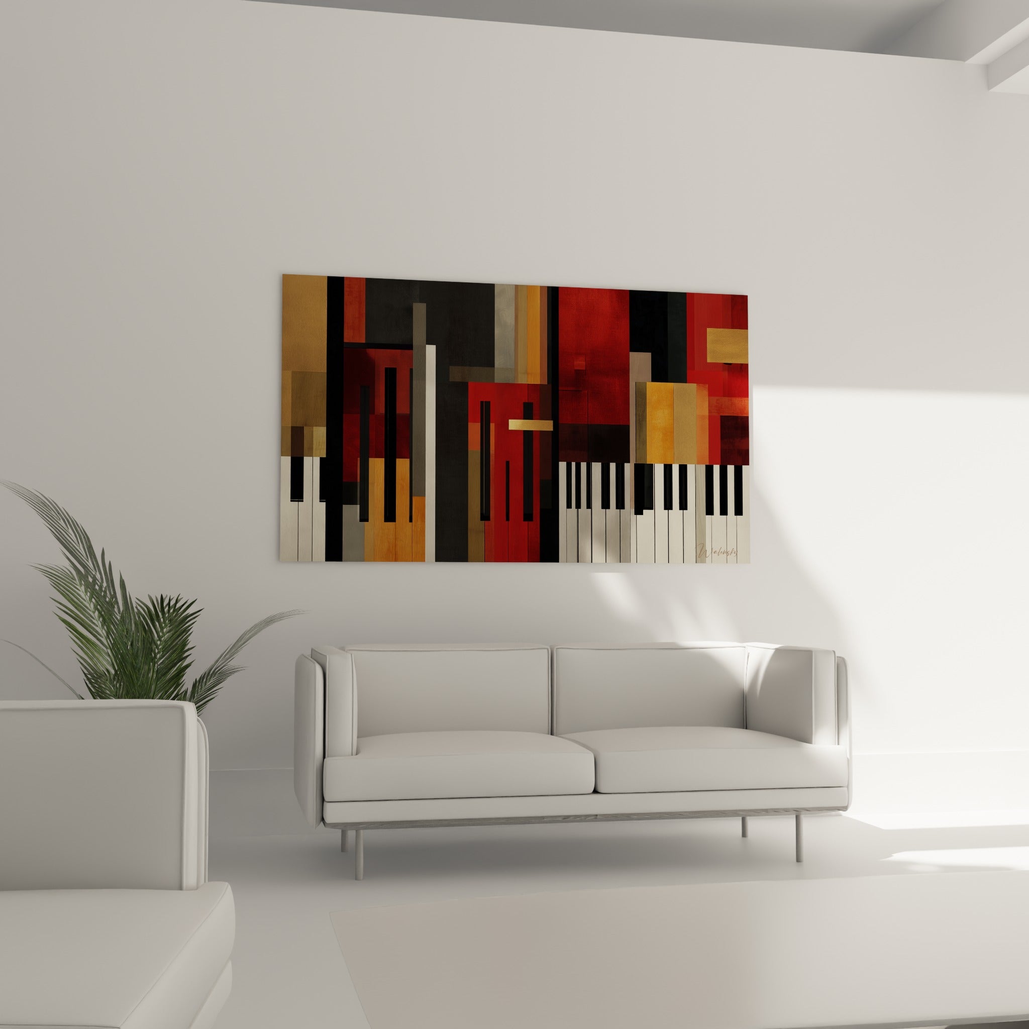 Blocs géométriques rouges et dorés évoquant la Musique, au-dessus d'un canapé dans un salon lumineux