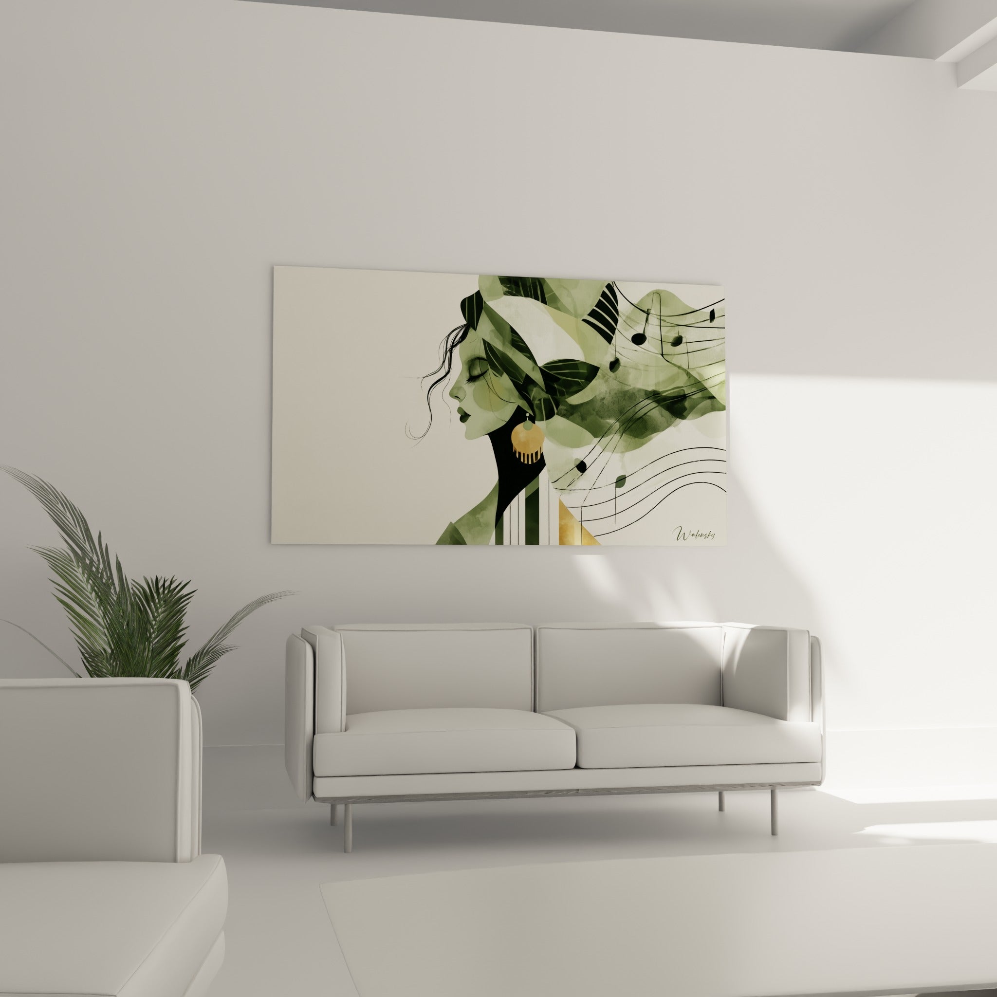 Silhouette végétale vert profond ornée d'une boucle ocre, au-dessus d'un canapé dans un salon lumineux