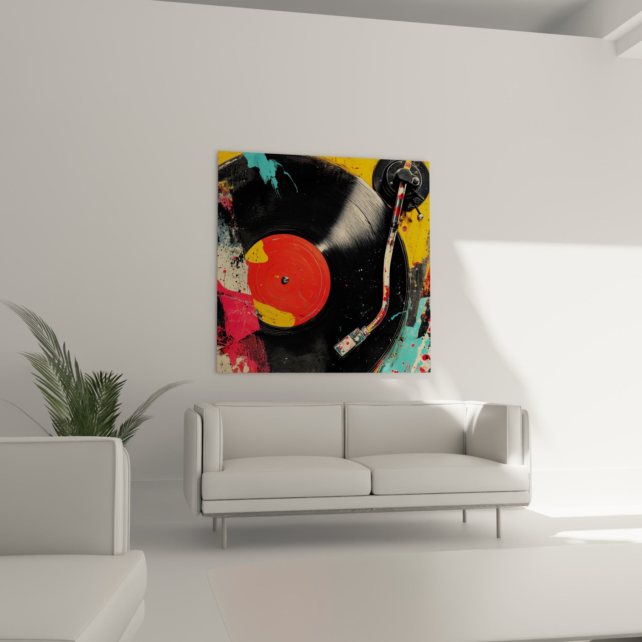 Bras de lecture rouge et blanc traversant le vinyle noir, accroché au-dessus d'un canapé dans un salon lumineux