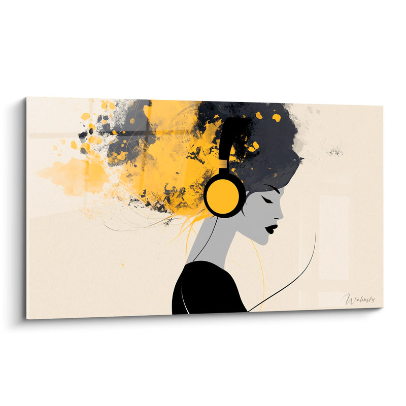 Tableau Musique jaune et noir casque audio - Profil de femme - Edition Musique