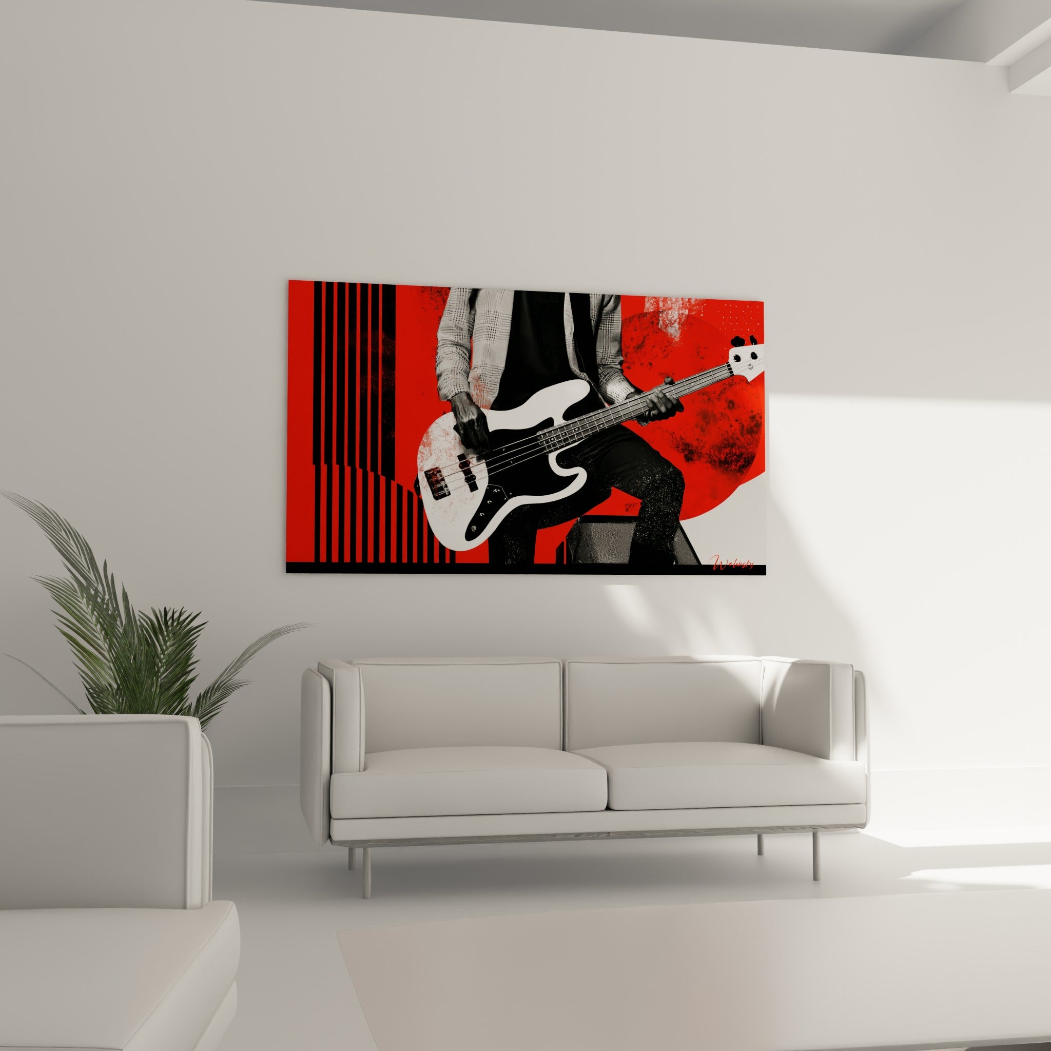 Silhouette anthracite et rouge écarlate jouant de la basse, tableau Musique au-dessus d'un canapé dans un salon lumineux