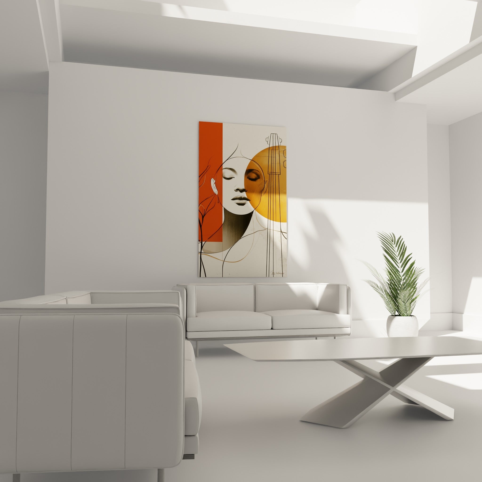 Musique graphique, portrait beige et orange accompagné d'un violoncelle, au-dessus d'un canapé dans un salon lumineux