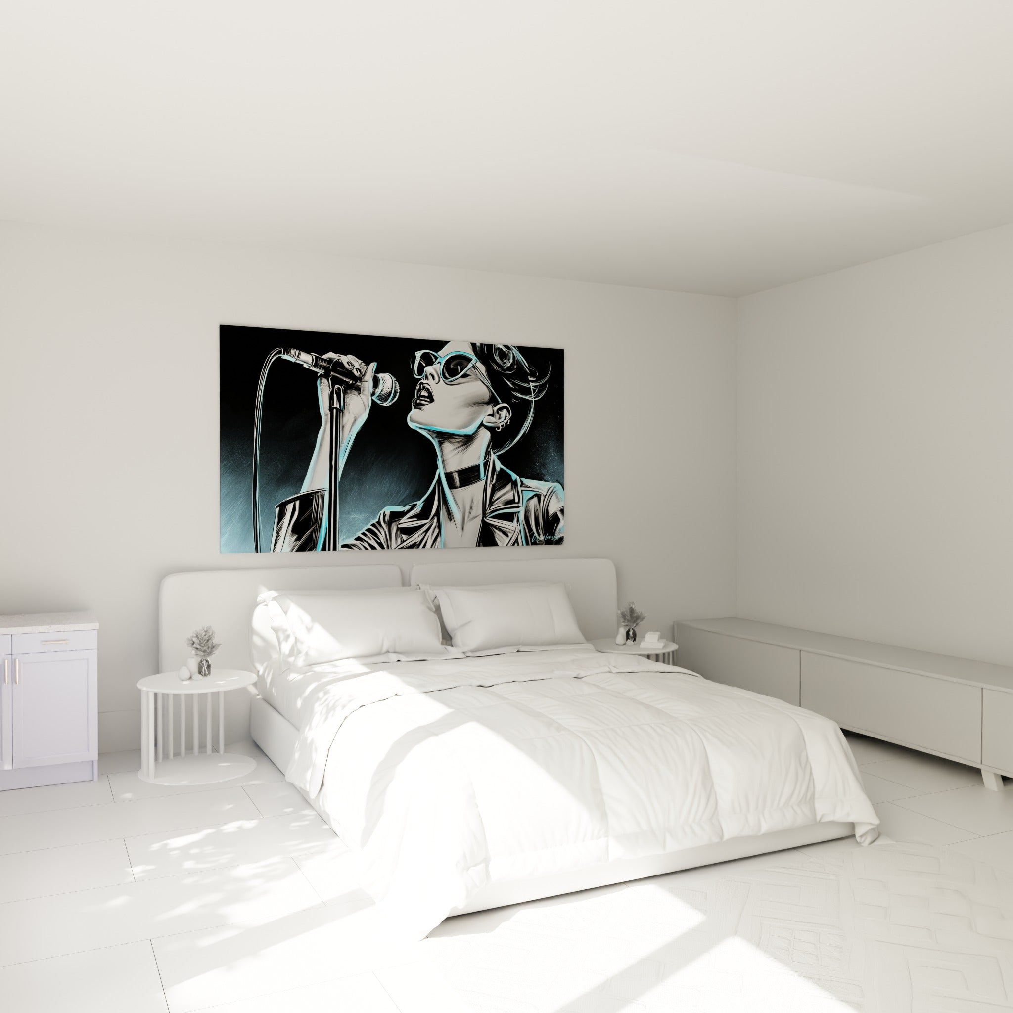 Voix figée en plein souffle, contours bleu électrique sur fond noir, au-dessus d'un lit dans une chambre claire