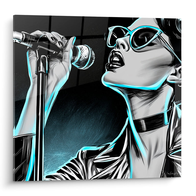 Tableau Musique noir et bleu néon chanteuse micro - Lunettes de soleil - Edition Musique