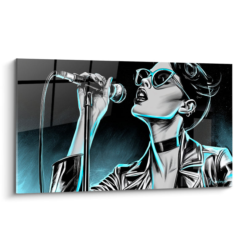 Tableau Musique noir et bleu chanteuse micro - Lunettes de soleil - Edition Musique