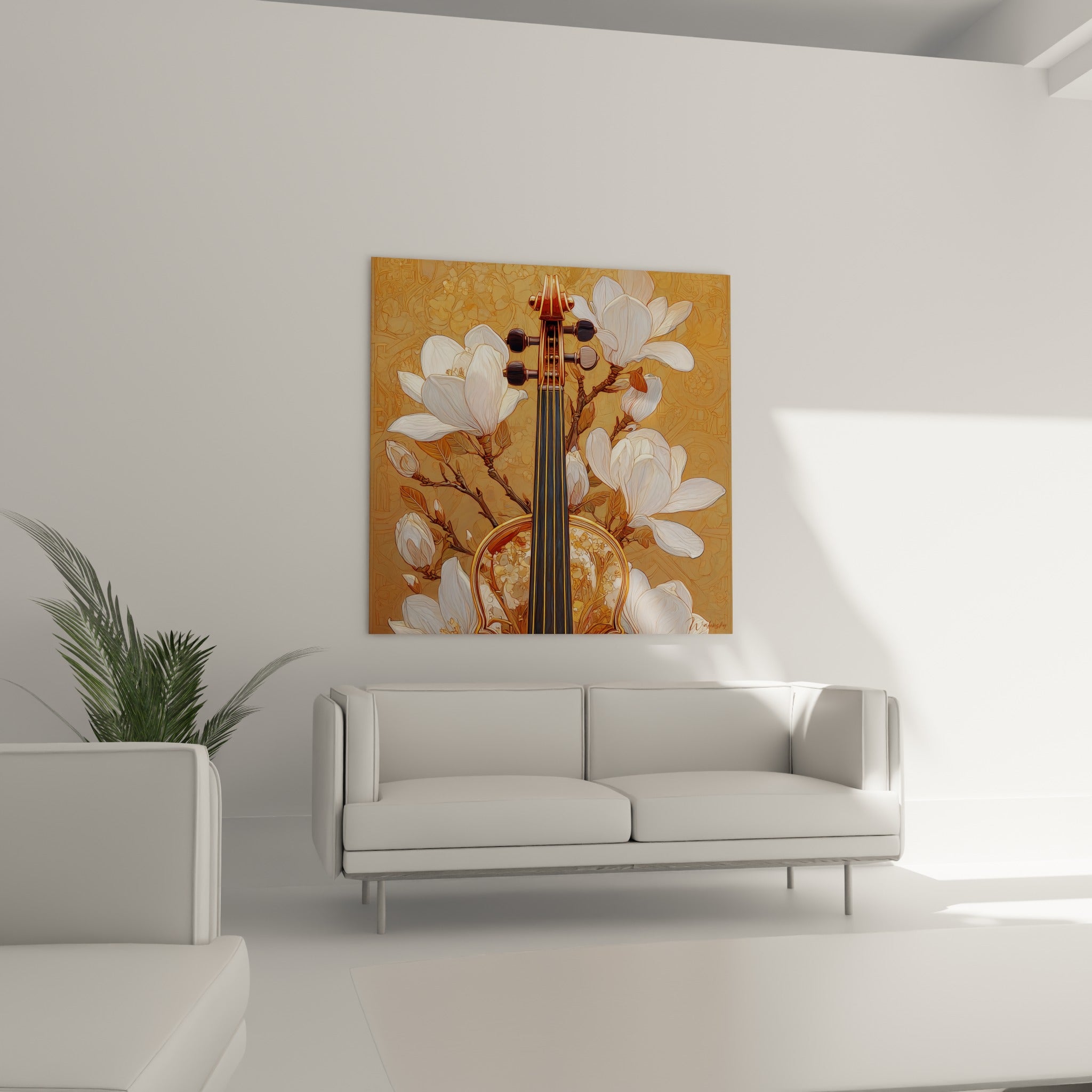 Volute d'instrument et fleurs ivoire sur fond terracotta, tableau Musique au-dessus d'un canapé dans un salon lumineux