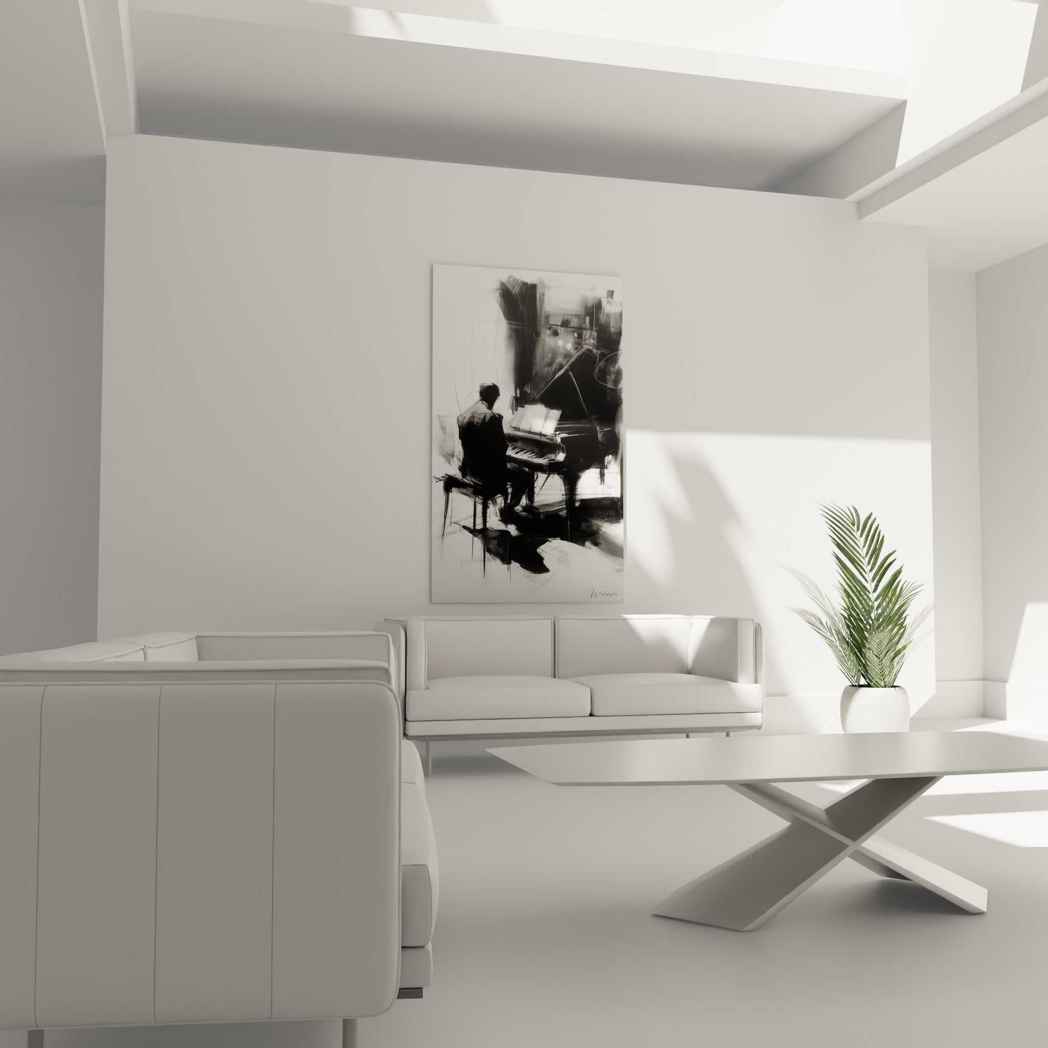 Silhouette d'un pianiste en noir profond et blanc vif, au-dessus d'un canapé dans un salon lumineux