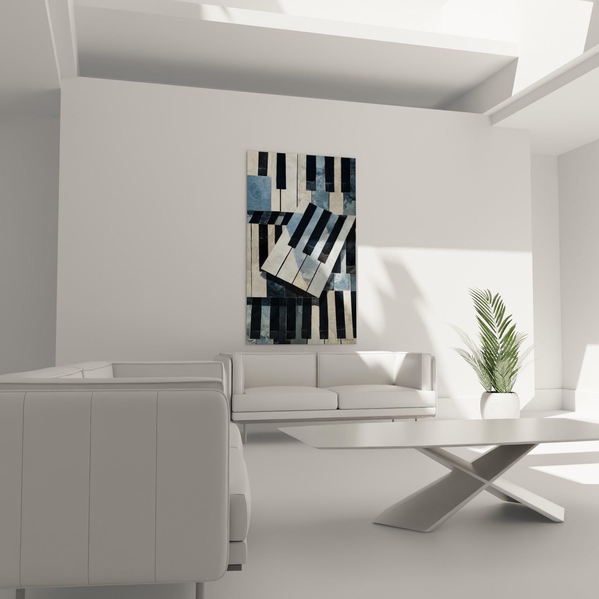 Clavier abstrait noir et blanc marbré, texture minérale, au-dessus d'un canapé dans un salon lumineux