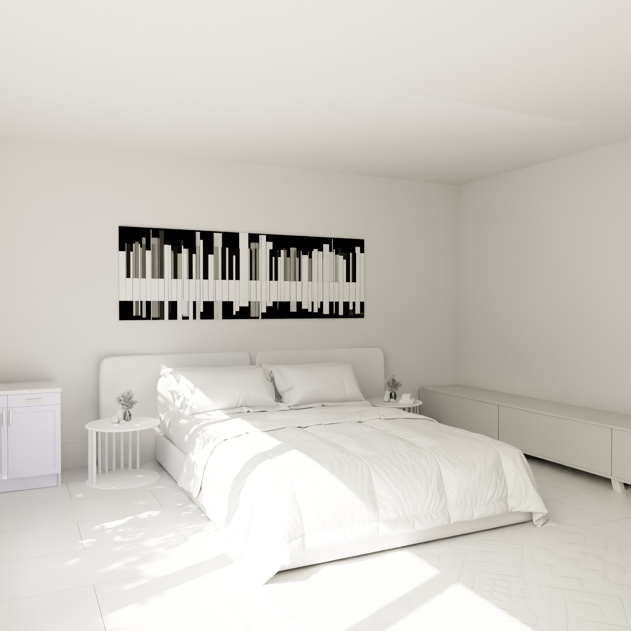 Musique aux touches noires, blanches et grises vibrantes, au-dessus d'un lit dans une chambre claire