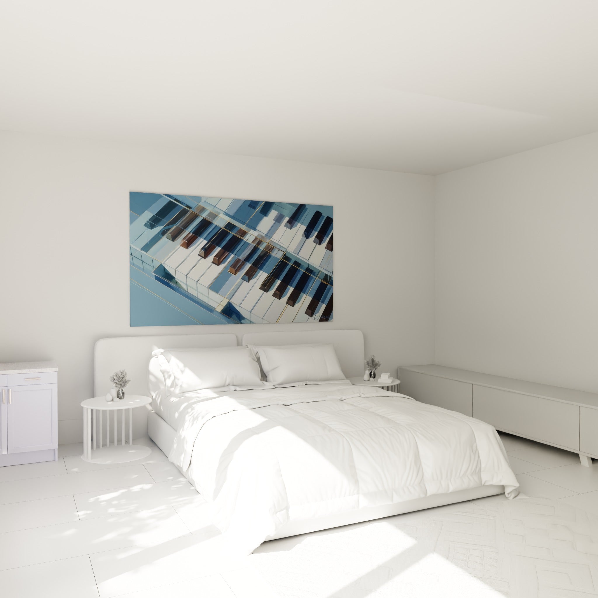 Touches de piano anthracite et bleu acier au-dessus d'un lit dans une chambre claire
