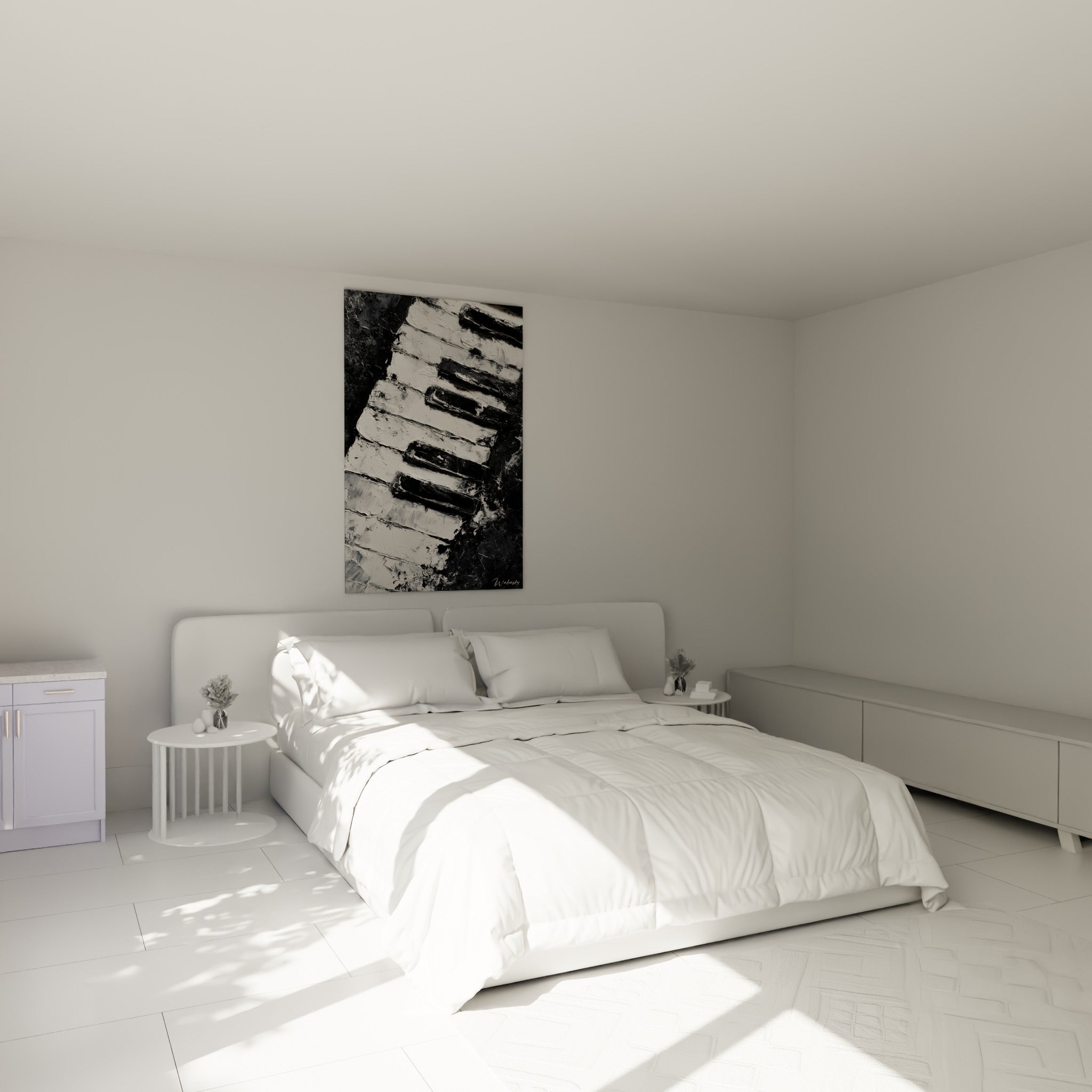 Touches de piano contrastées noir anthracite et blanc, accrochées au-dessus d'un lit dans une chambre claire