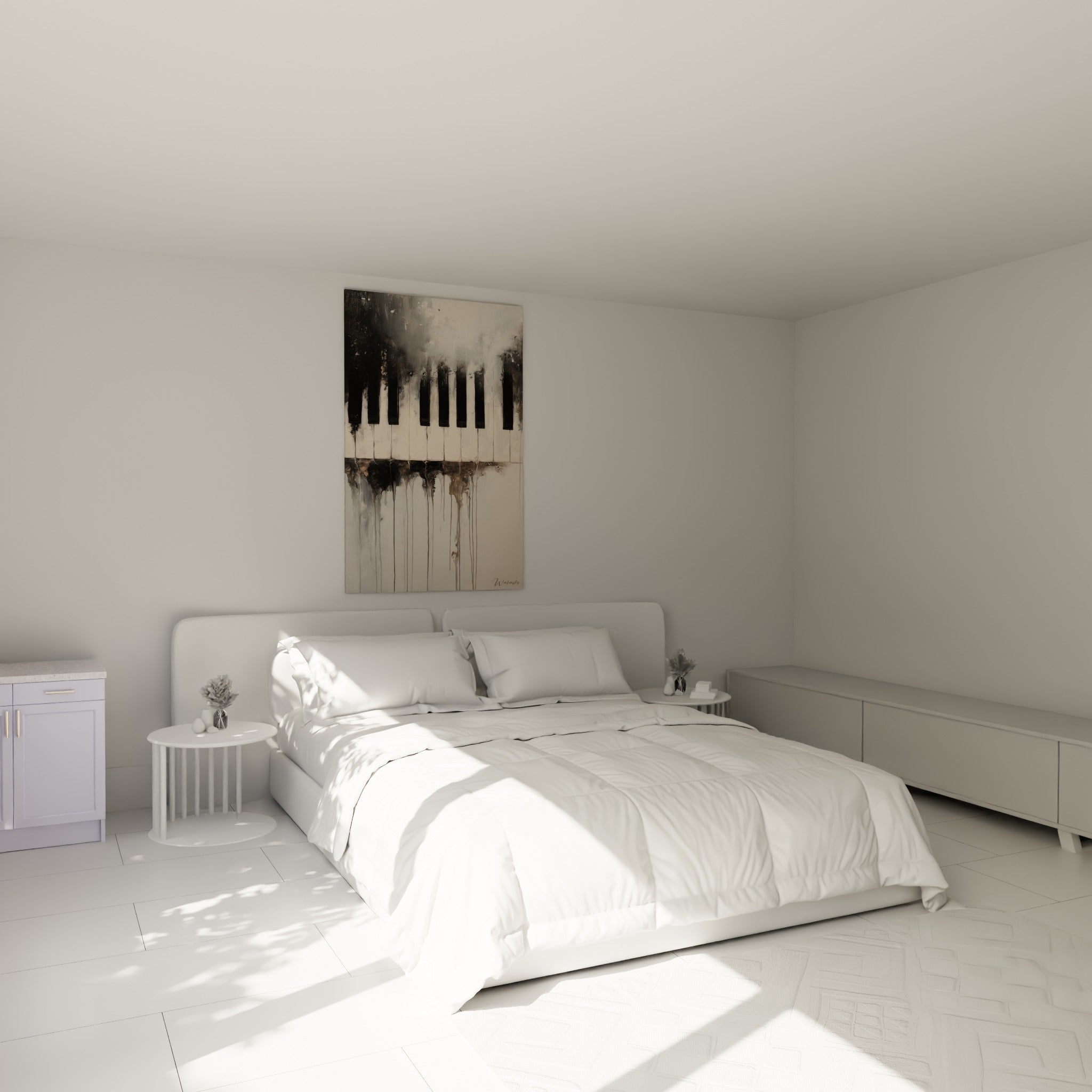Clavier musique aux teintes anthracite et beige accroché au-dessus d'un lit dans une chambre claire