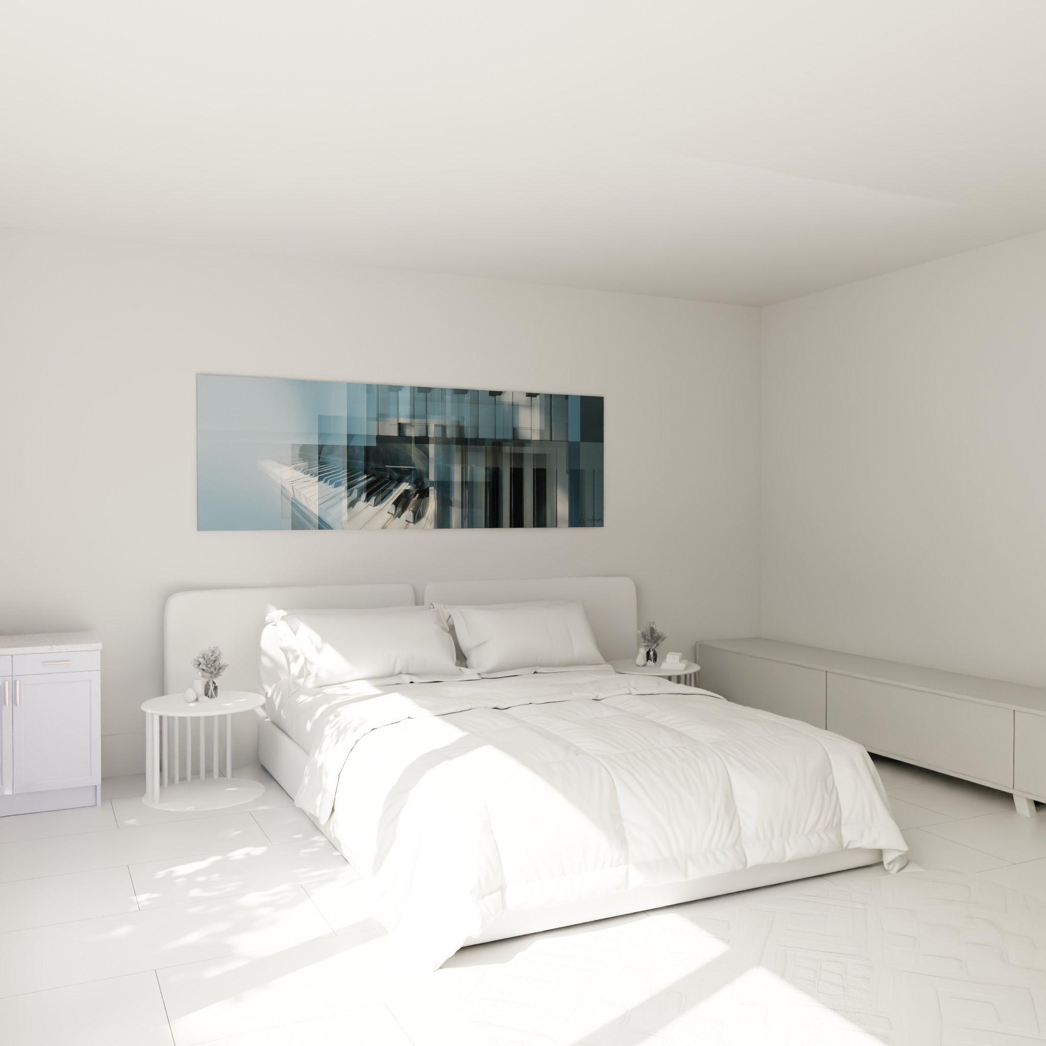 Clavier de piano bleu marine et blanc cassé, au-dessus d'un lit dans une chambre claire