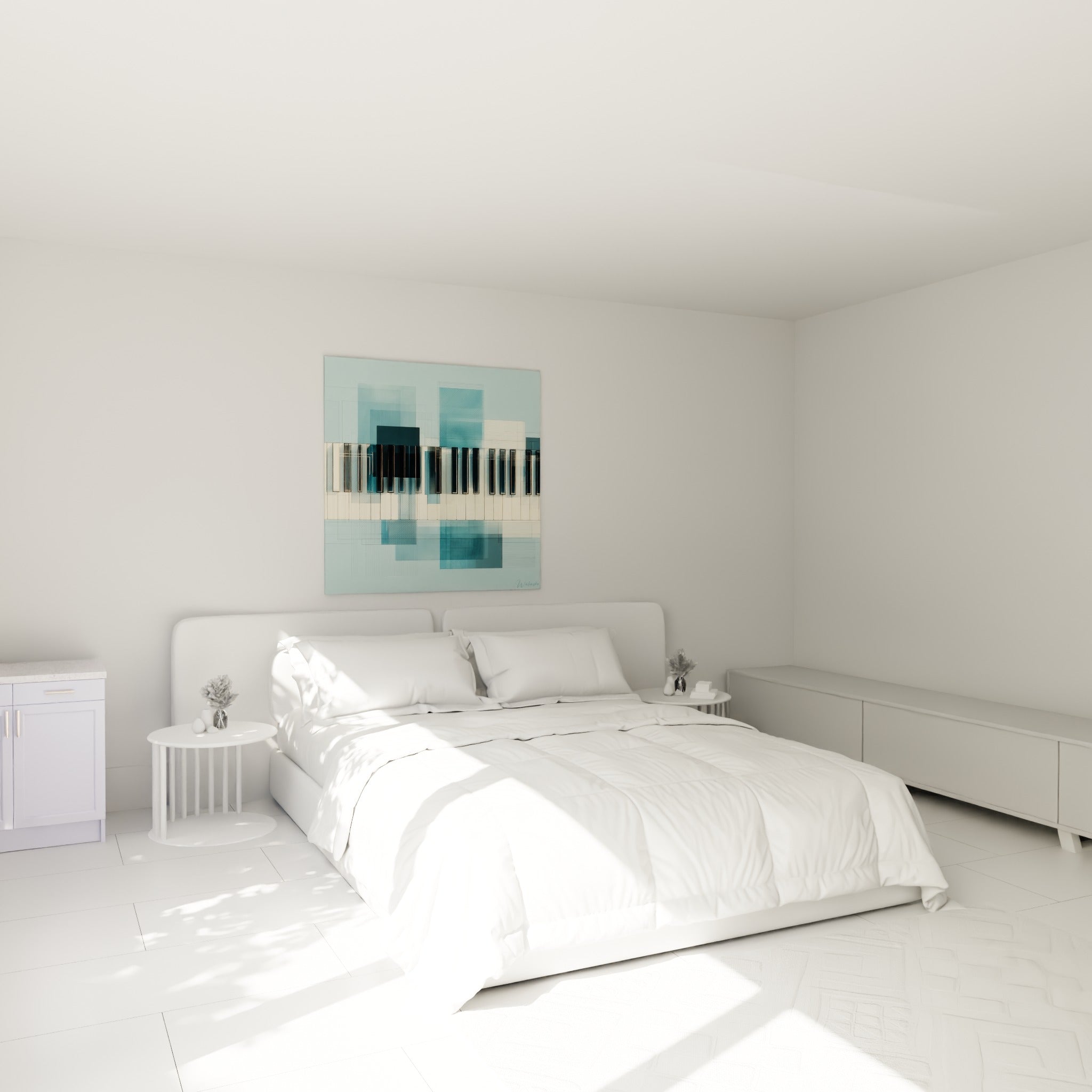 Touches de piano noires et blanches sur fond bleu pétrole, accrochées au-dessus d'un lit dans une chambre claire