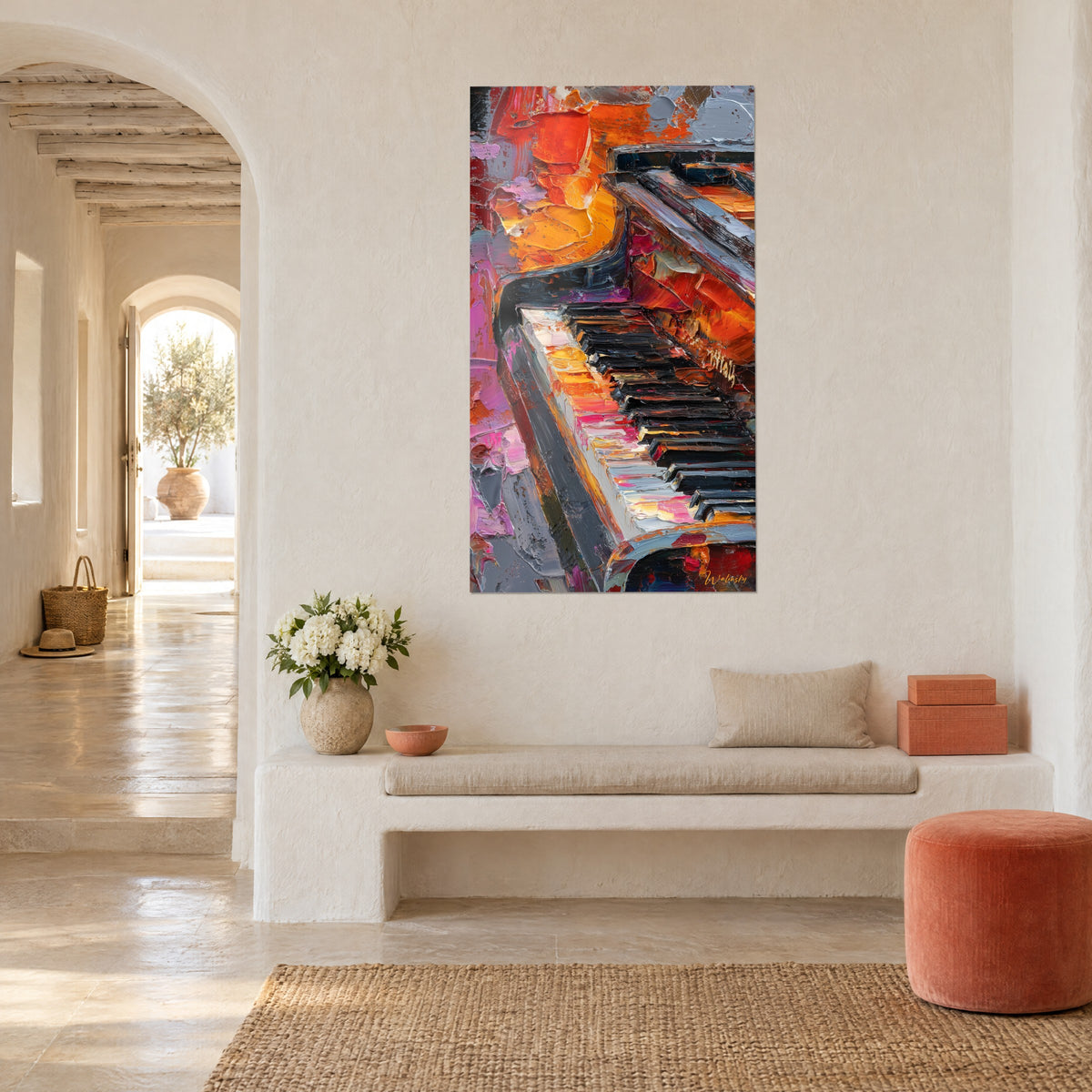 Wall art ivory and black piano keys in palette-knife strokes, bursts of orange and vivid red, hung near a curved white banquette