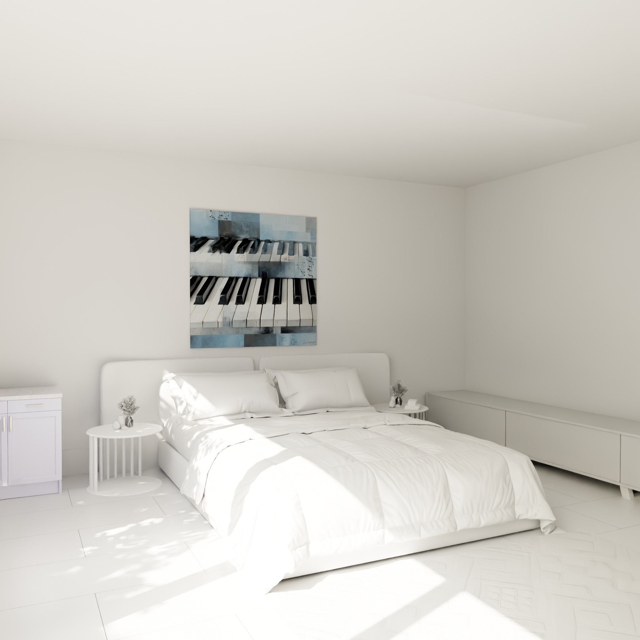 Touches de piano noires et blanches sur fond bleu ardoise, accrochées au-dessus d'un lit dans une chambre claire
