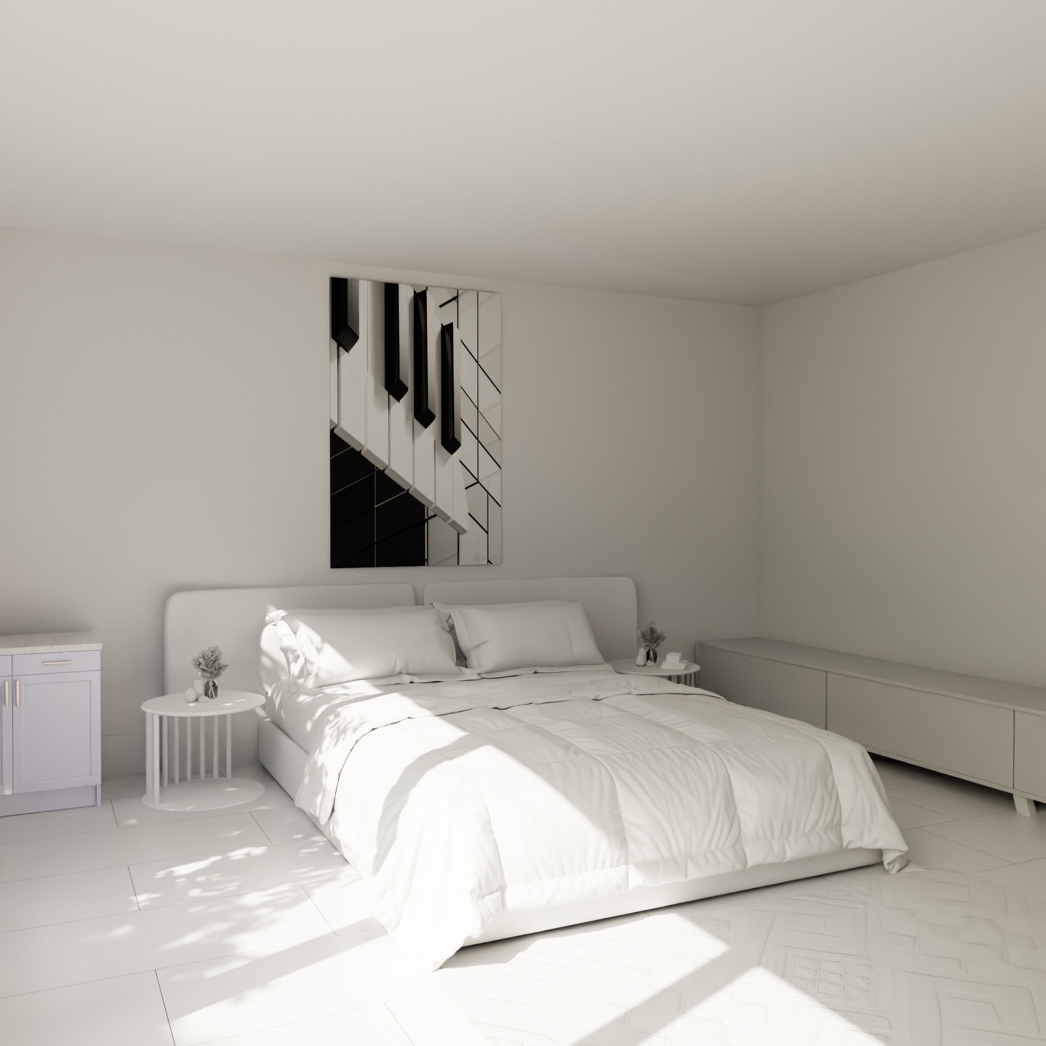 Piano aux touches blanches et noires disposées en diagonale, accroché au-dessus d'un lit dans une chambre claire