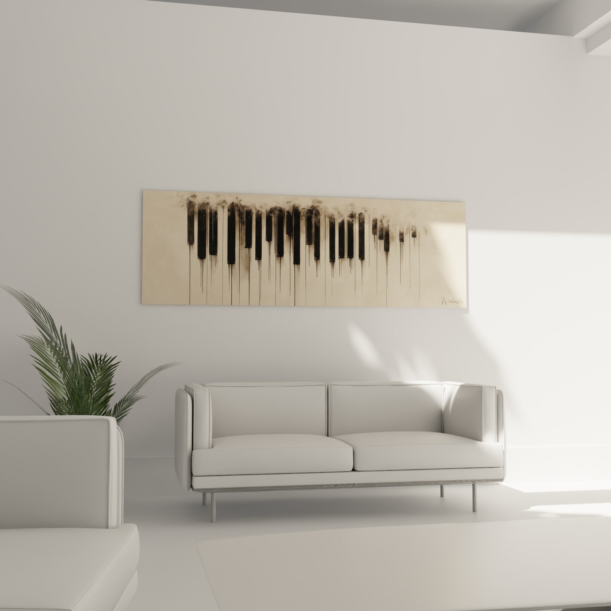 Notes de musique stylisées en anthracite et beige, suspendues au-dessus d'un canapé dans un salon lumineux