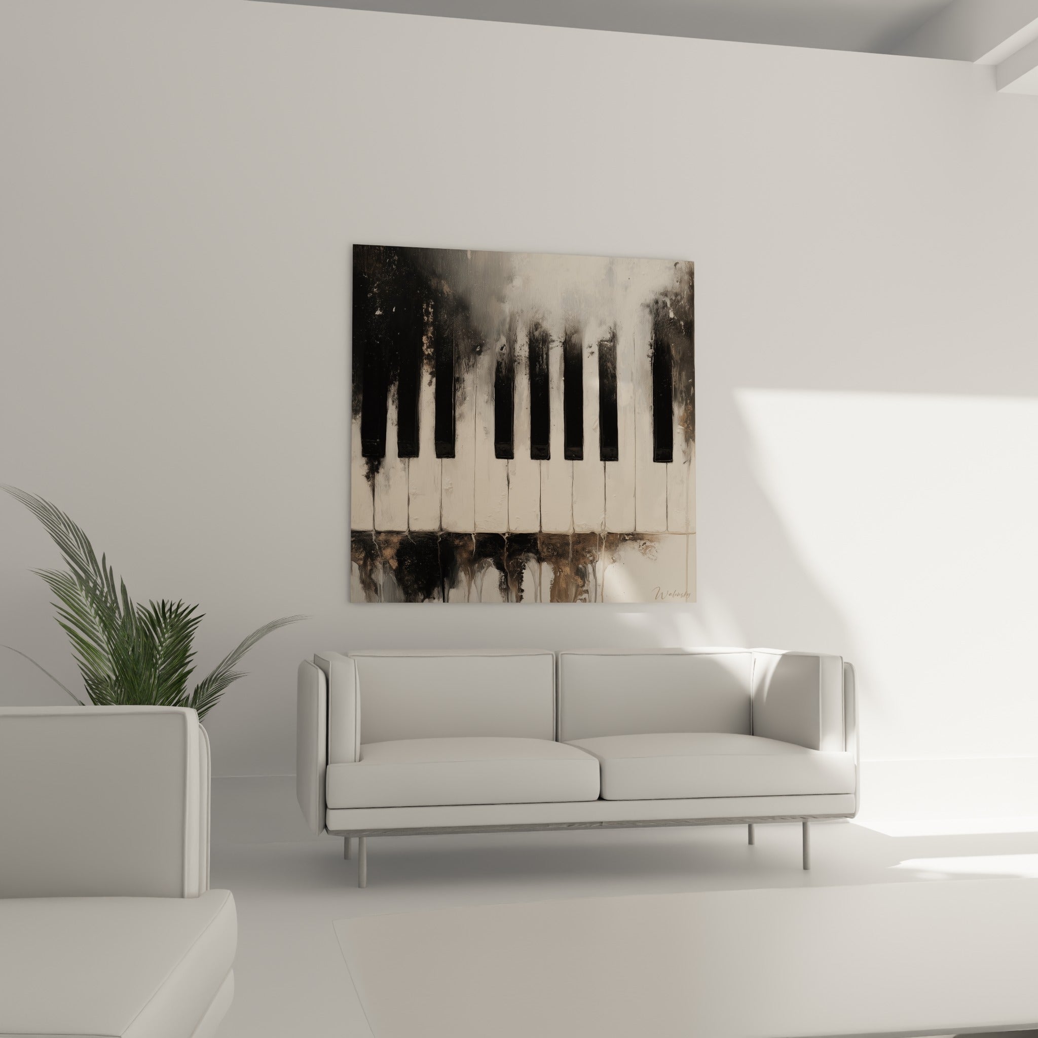 Touches de piano Musique noires et beige patiné, suspendues au-dessus d'un canapé dans un salon lumineux