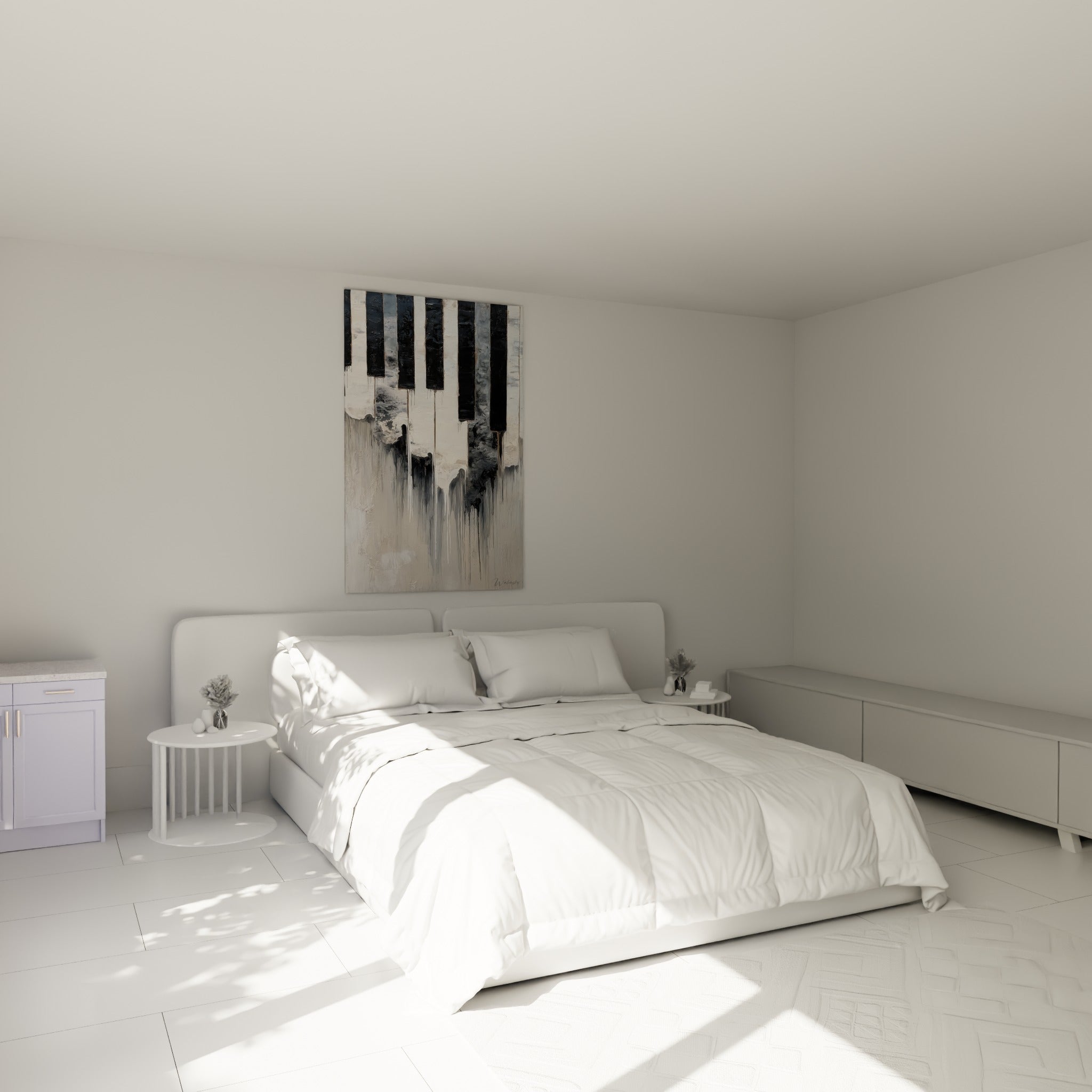 Clavier noir et blanc aux coulures anthracite, accroché au-dessus d'un lit dans une chambre claire