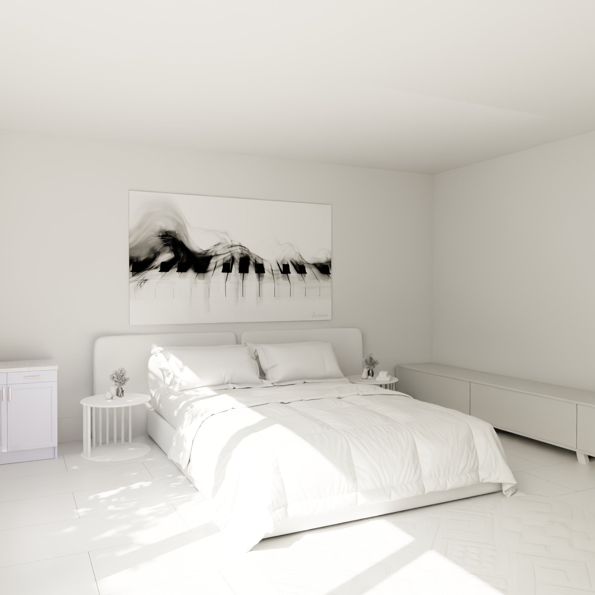 Touches noires et blanches d'un piano se fondant dans des traînées grises, au-dessus d'un lit dans une chambre claire