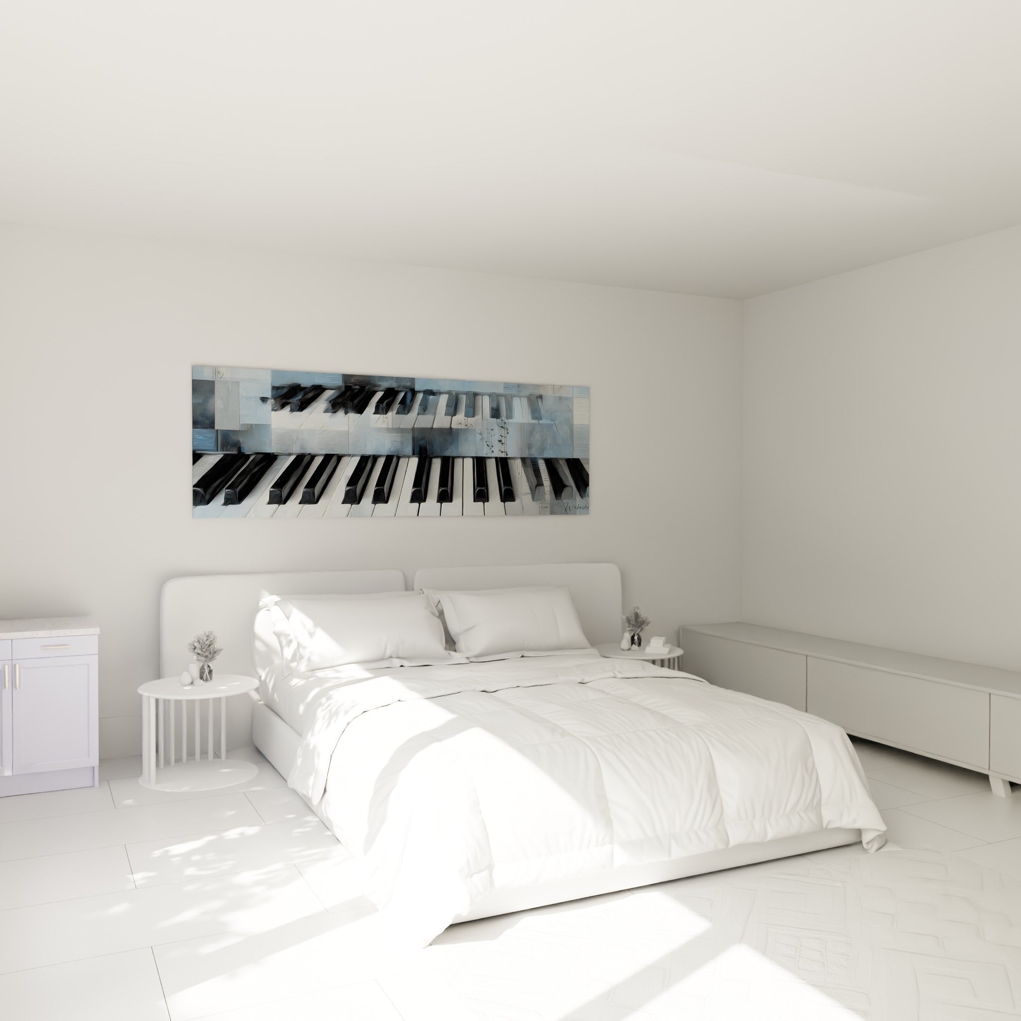 Touches de piano noires et blanches saisies en lumière froide, au-dessus d'un lit dans une chambre claire