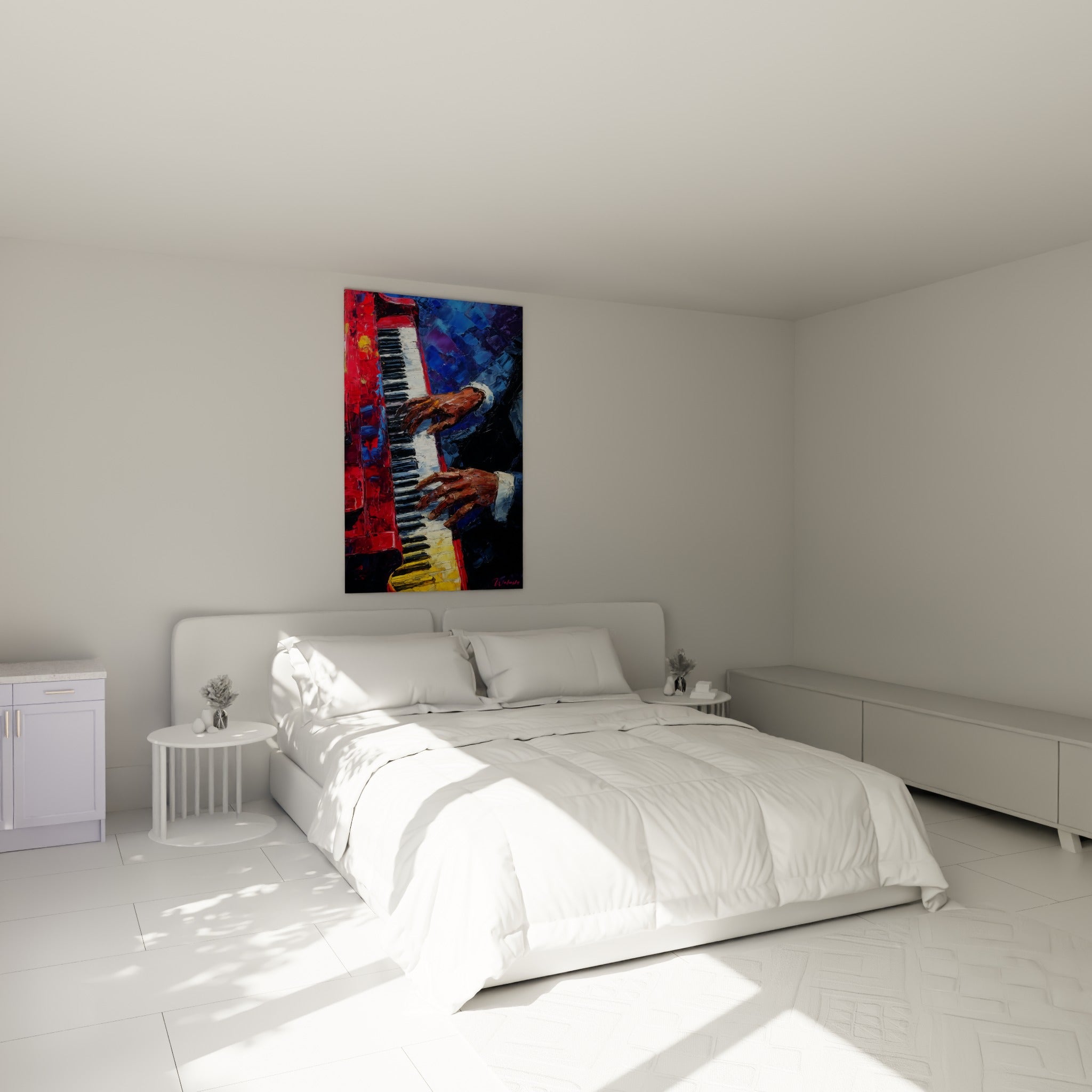 Pianiste aux mains expressives sur clavier rouge et bleu, au-dessus d'un lit dans une chambre claire