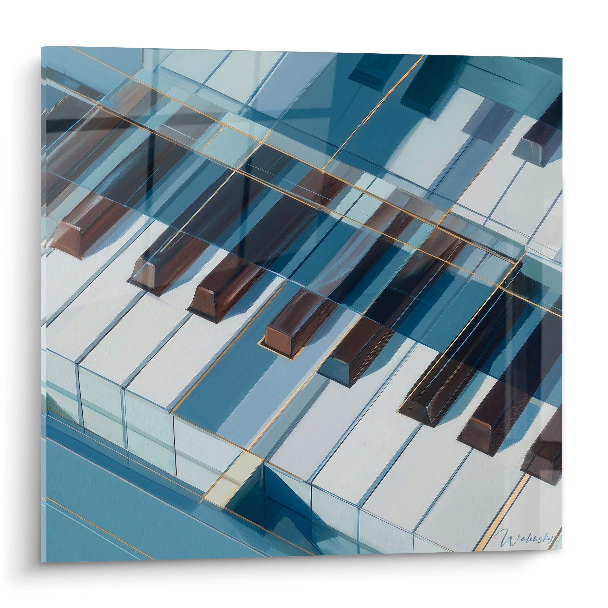 Clavier de piano stylisé en bleu marine, blanc et doré, touches noires façon facettes de verre géométriques