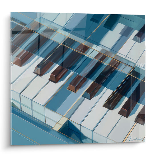 Clavier de piano stylisé en bleu marine, blanc et doré, touches noires façon facettes de verre géométriques