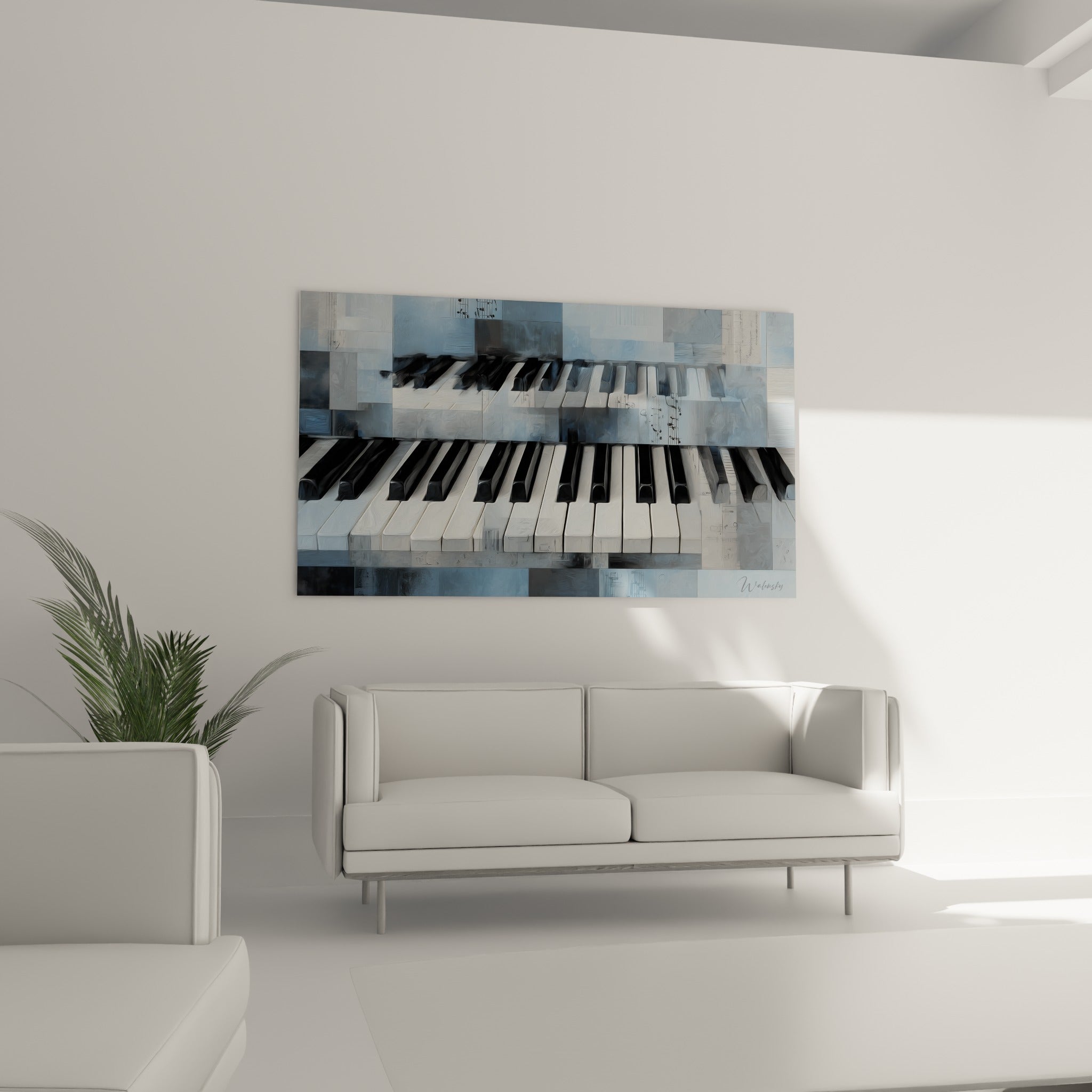 Touches de piano noires et blanches sur damier bleu ardoise au-dessus d'un canapé dans un salon lumineux