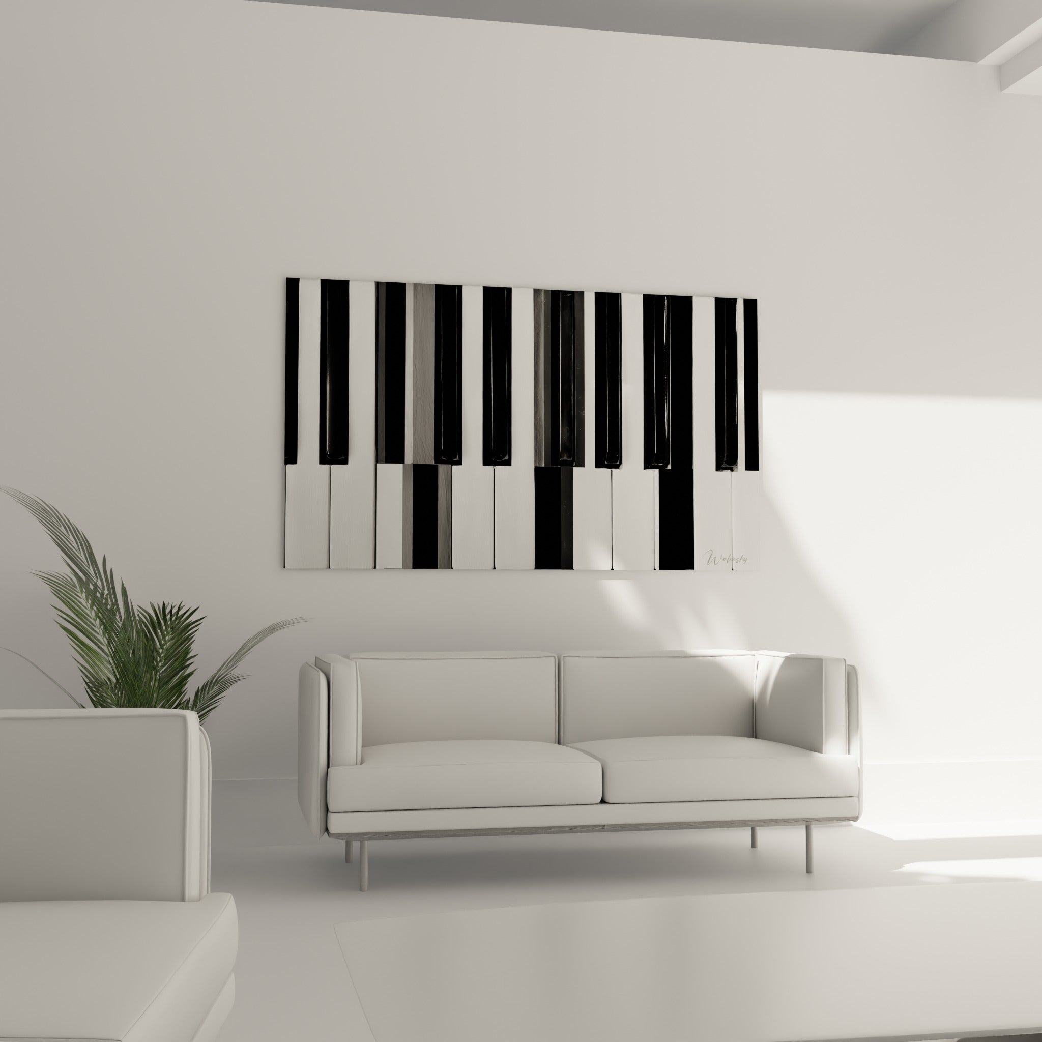 Clavier musical en noir profond et blanc nacré, positionné au-dessus d'un canapé dans un salon lumineux