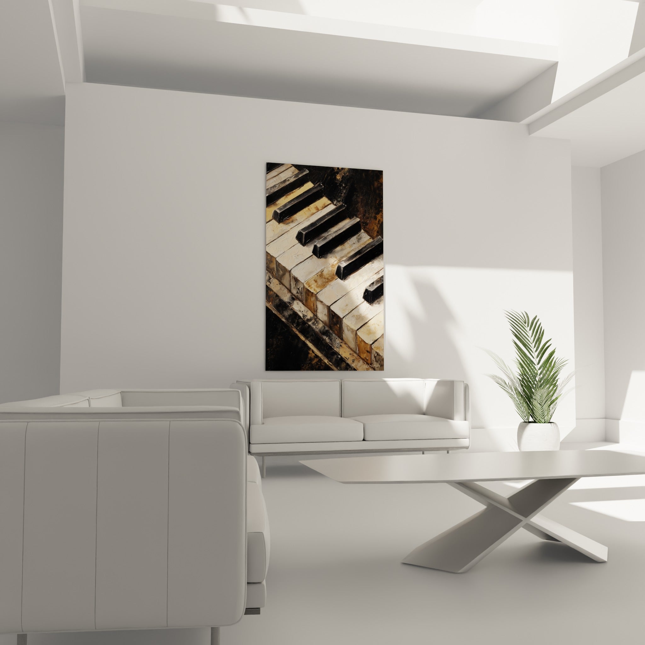 Clavier peint en diagonale, tons ocre et anthracite, disposé au-dessus d'un canapé dans un salon lumineux