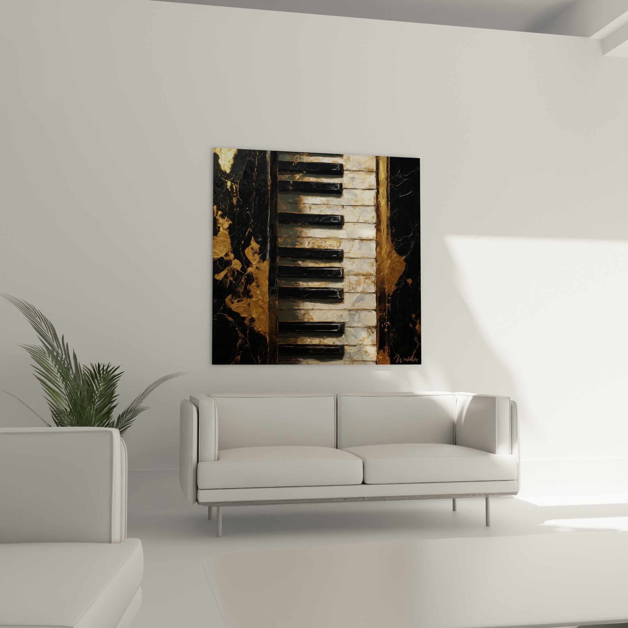 Touches noires et blanches façon marbre, éclats dorés, tableau Musique au-dessus d'un canapé dans un salon lumineux