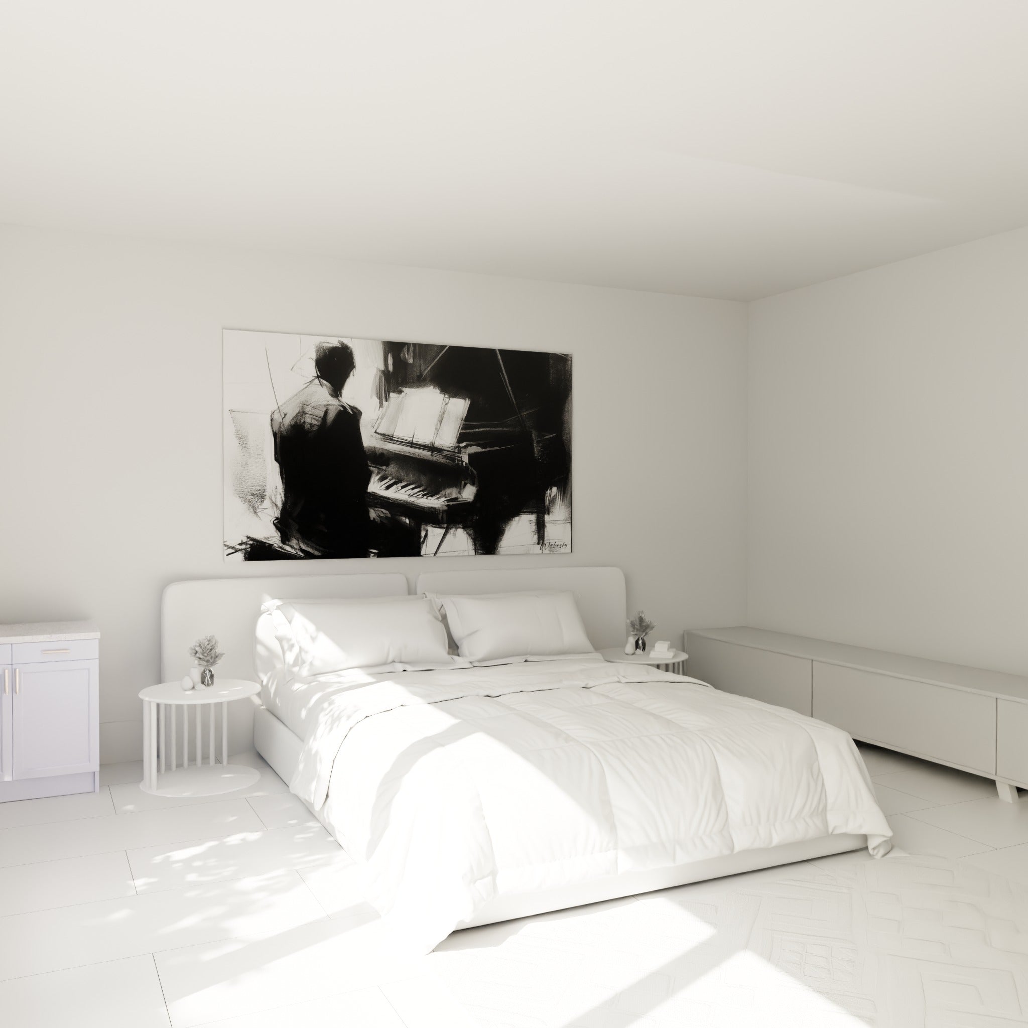 Musicien au piano en tons noir et blanc, touches lumineuses, accroché au-dessus d'un lit dans une chambre claire