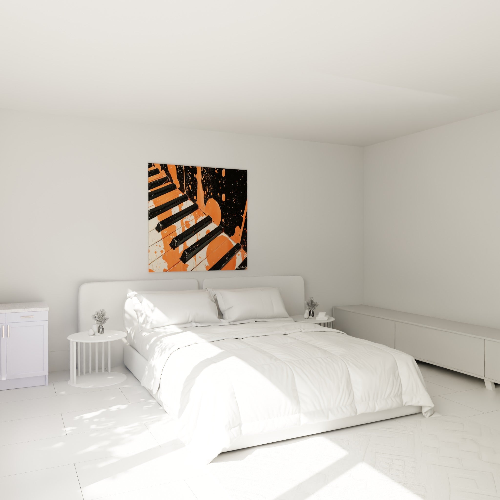 Touches de piano orange et noires en mouvement, accrochées au-dessus d'un lit dans une chambre claire