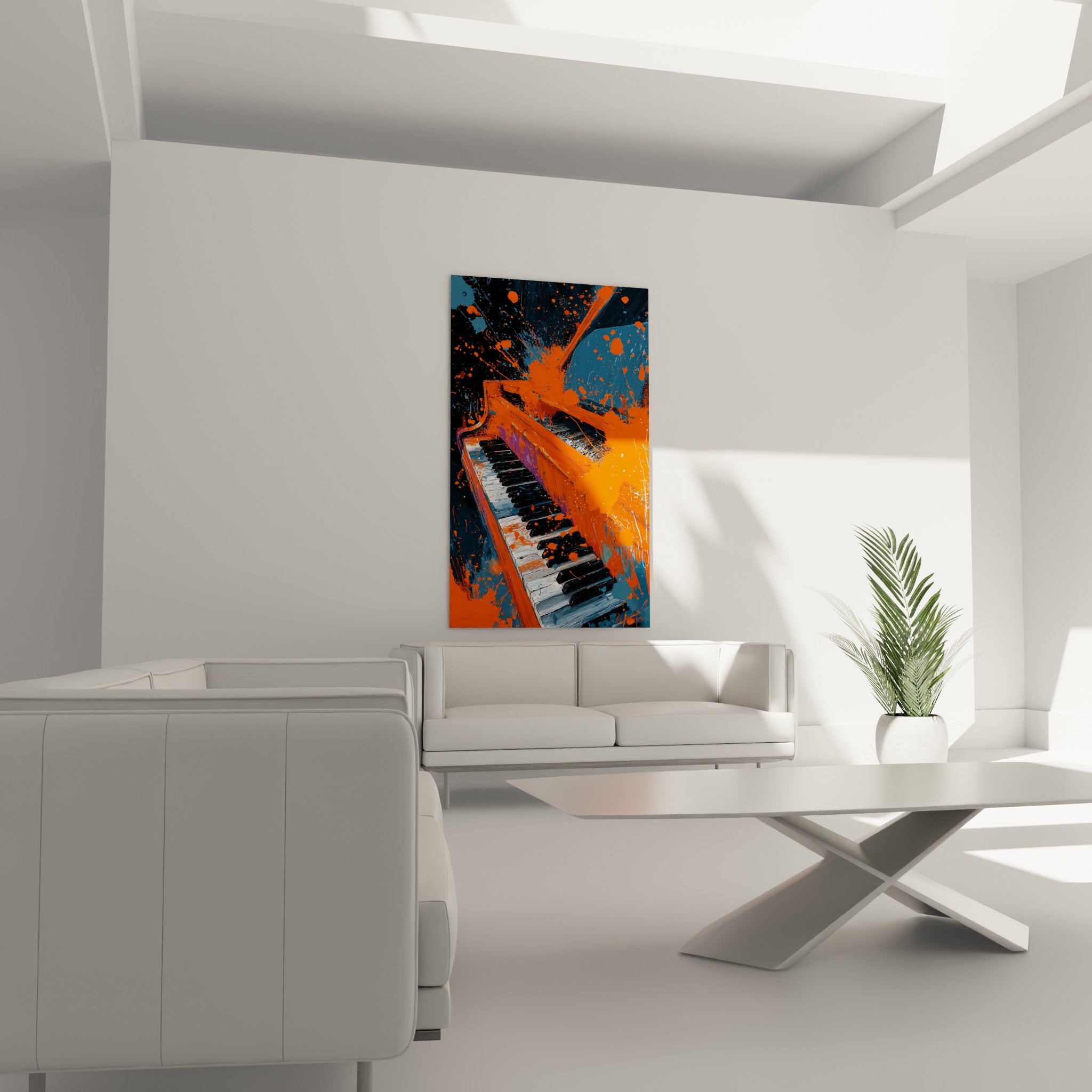 Clavier Musique orange fauve et bleu anthracite éclaboussé, au-dessus d'un canapé dans un salon lumineux