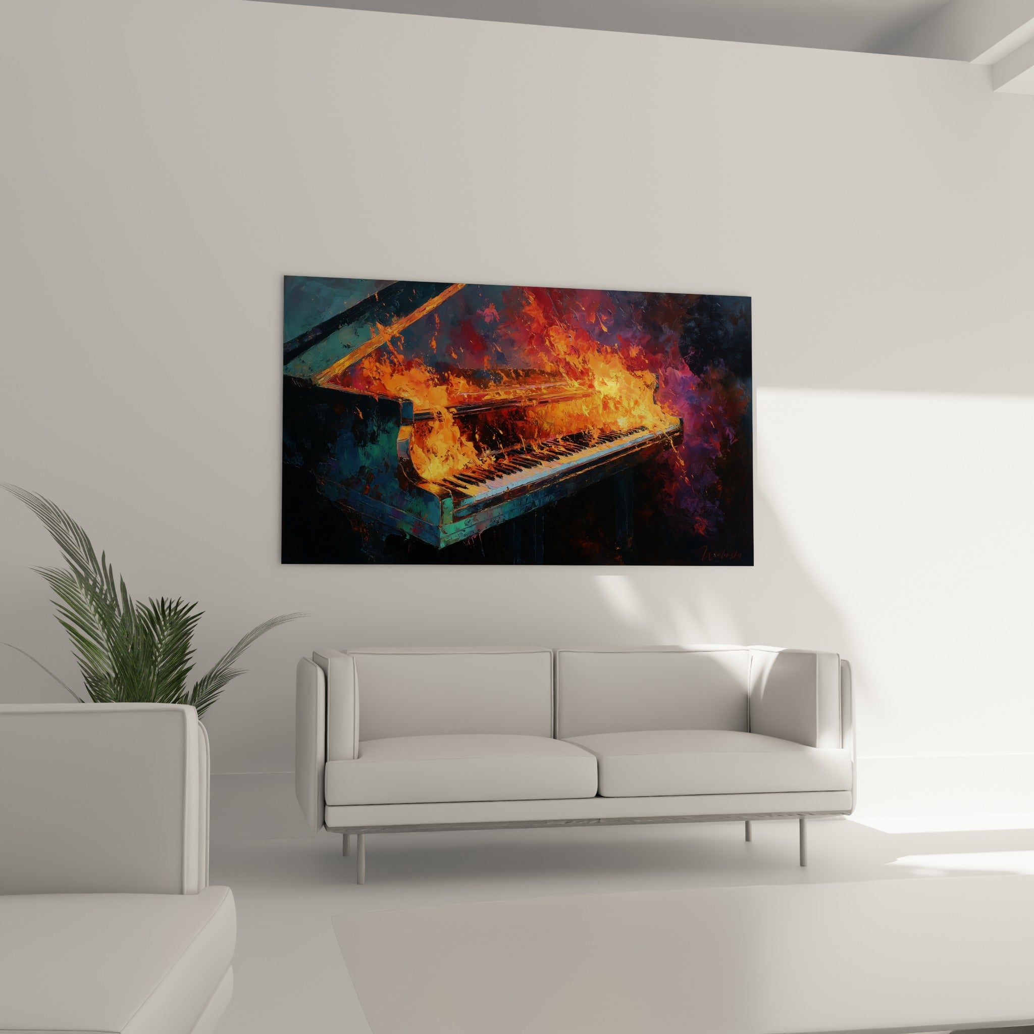 Clavier noir et blanc englouti par des flammes pourpres et orange, au-dessus d'un canapé dans un salon lumineux