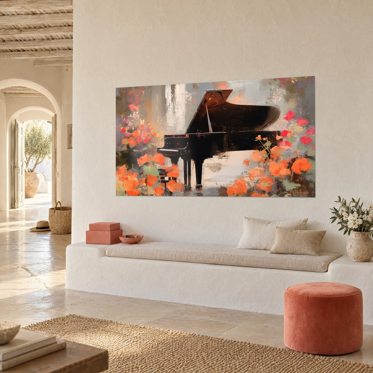 Wall art ebony grand piano with lid raised, coral and carmine petals in thick brushstrokes, corner of a Mediterranean salon