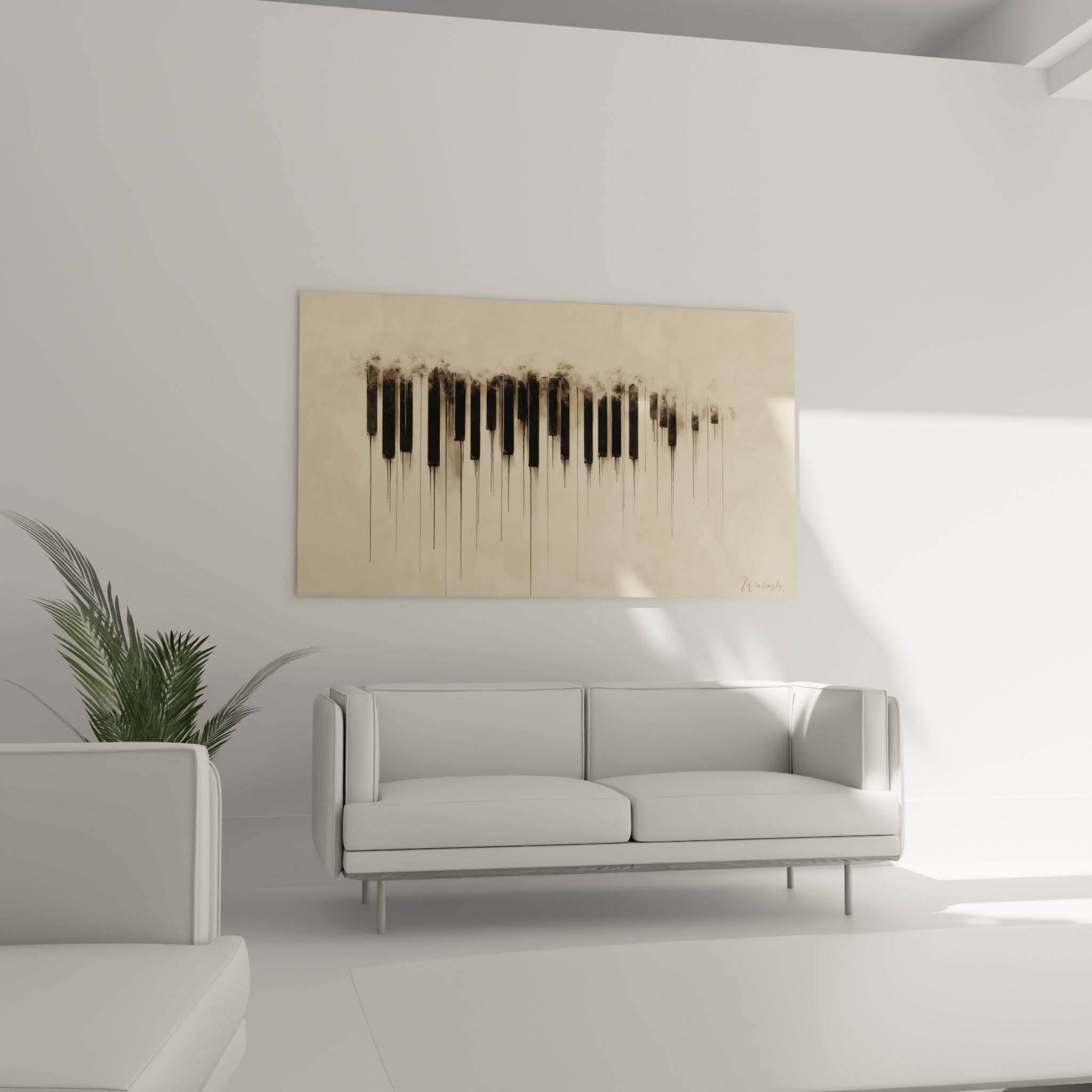 Clavier fondu en noir et ivoire, œuvre musique posée au-dessus d'un canapé dans un salon lumineux