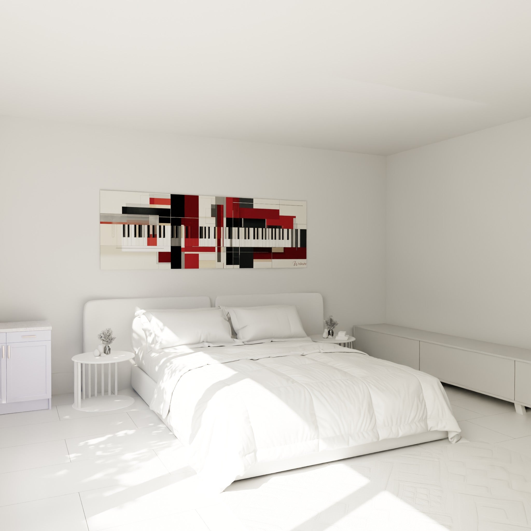 Piano stylisé aux touches noires et blanches, bordeaux et ocre, au-dessus d'un lit dans une chambre claire