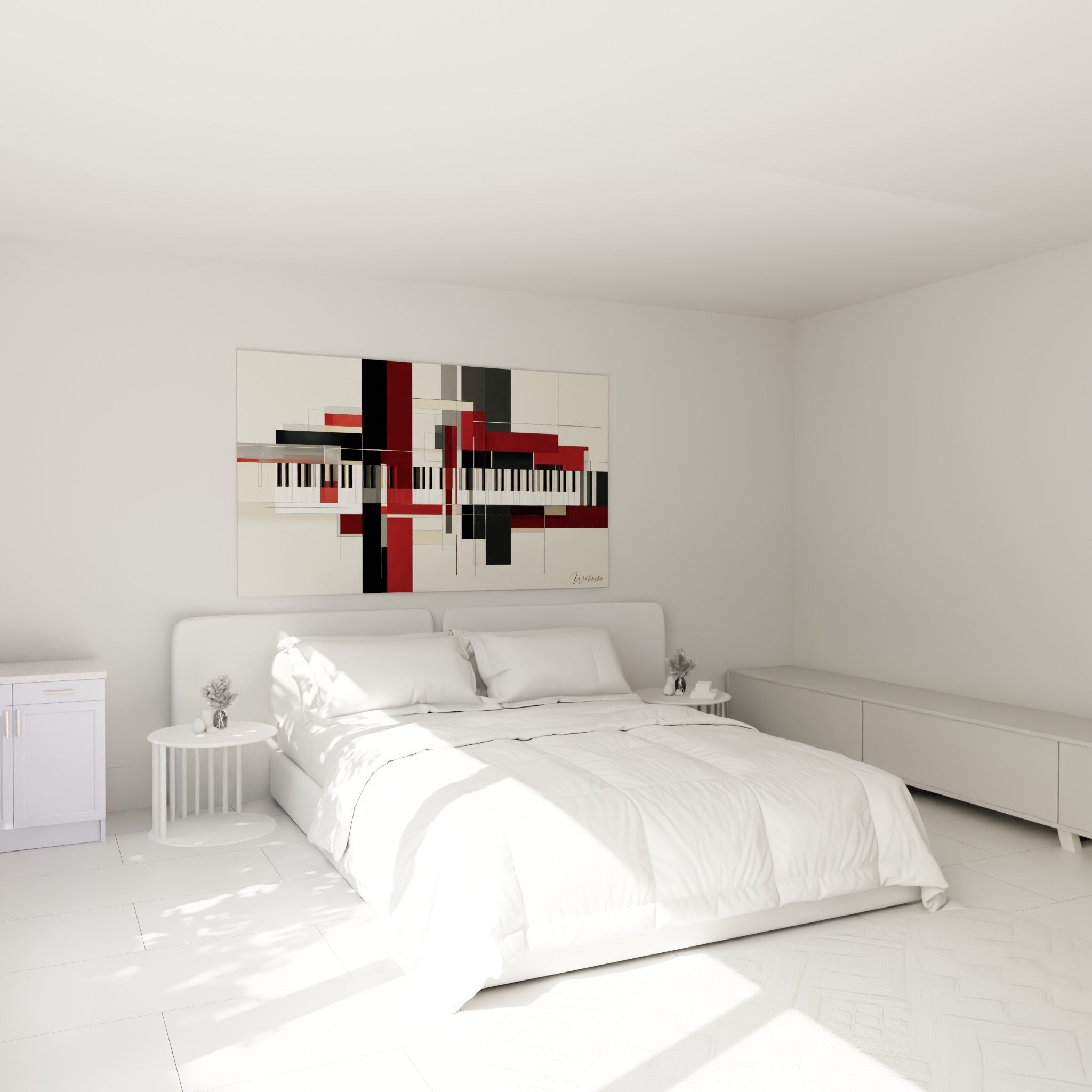 Touches noires et blanches éclatées en blocs bordeaux, accrochées au-dessus d'un lit dans une chambre claire