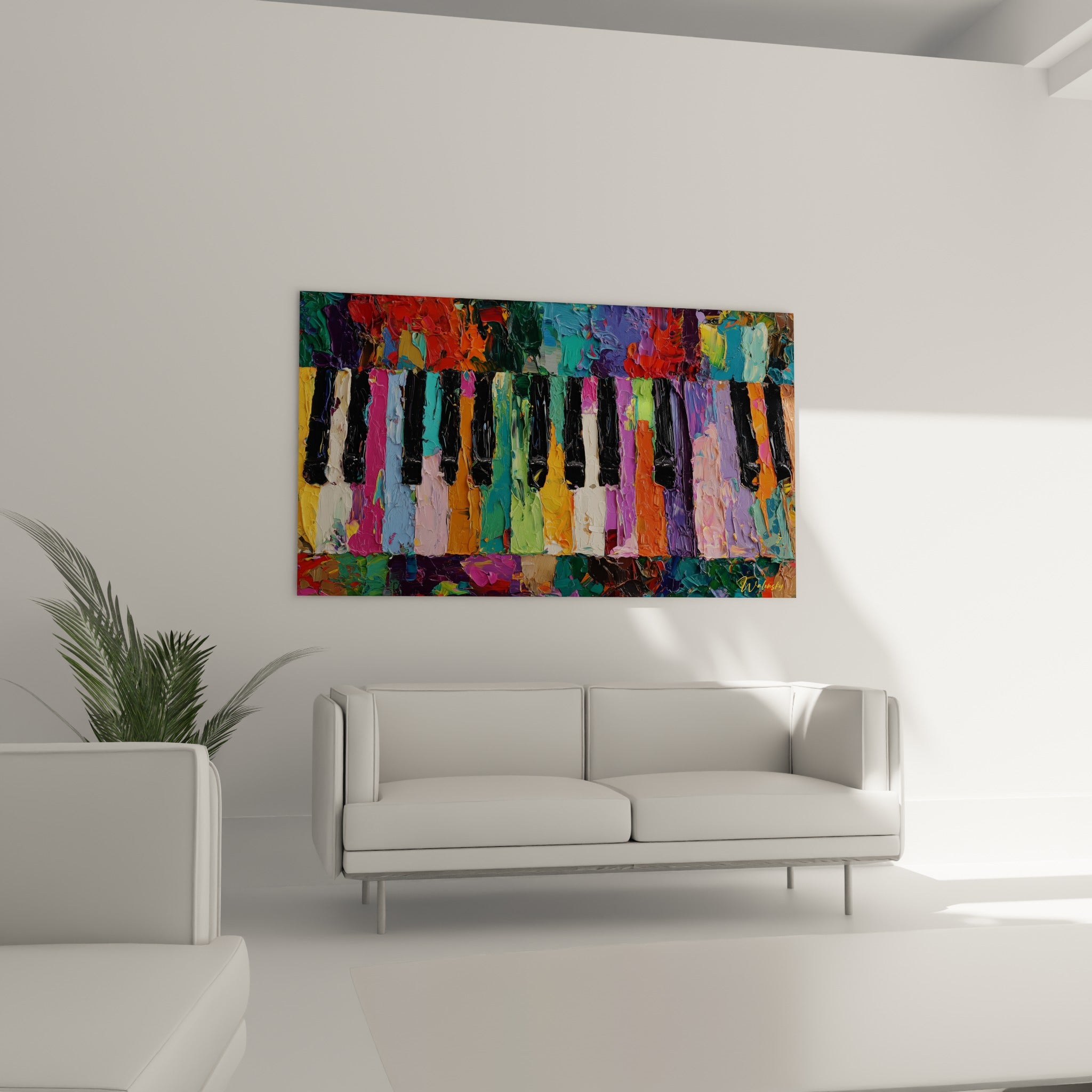 Composition musicale aux teintes fuchsia et bleu turquoise, au-dessus d'un canapé dans un salon lumineux