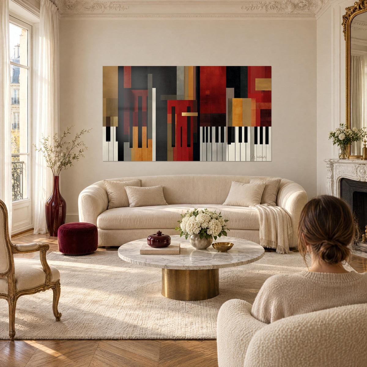 Tableau composition abstraite de touches de piano, rouge carmin et gris anthracite, ocre doré, au-dessus d'un canapé dans un salon lumineux