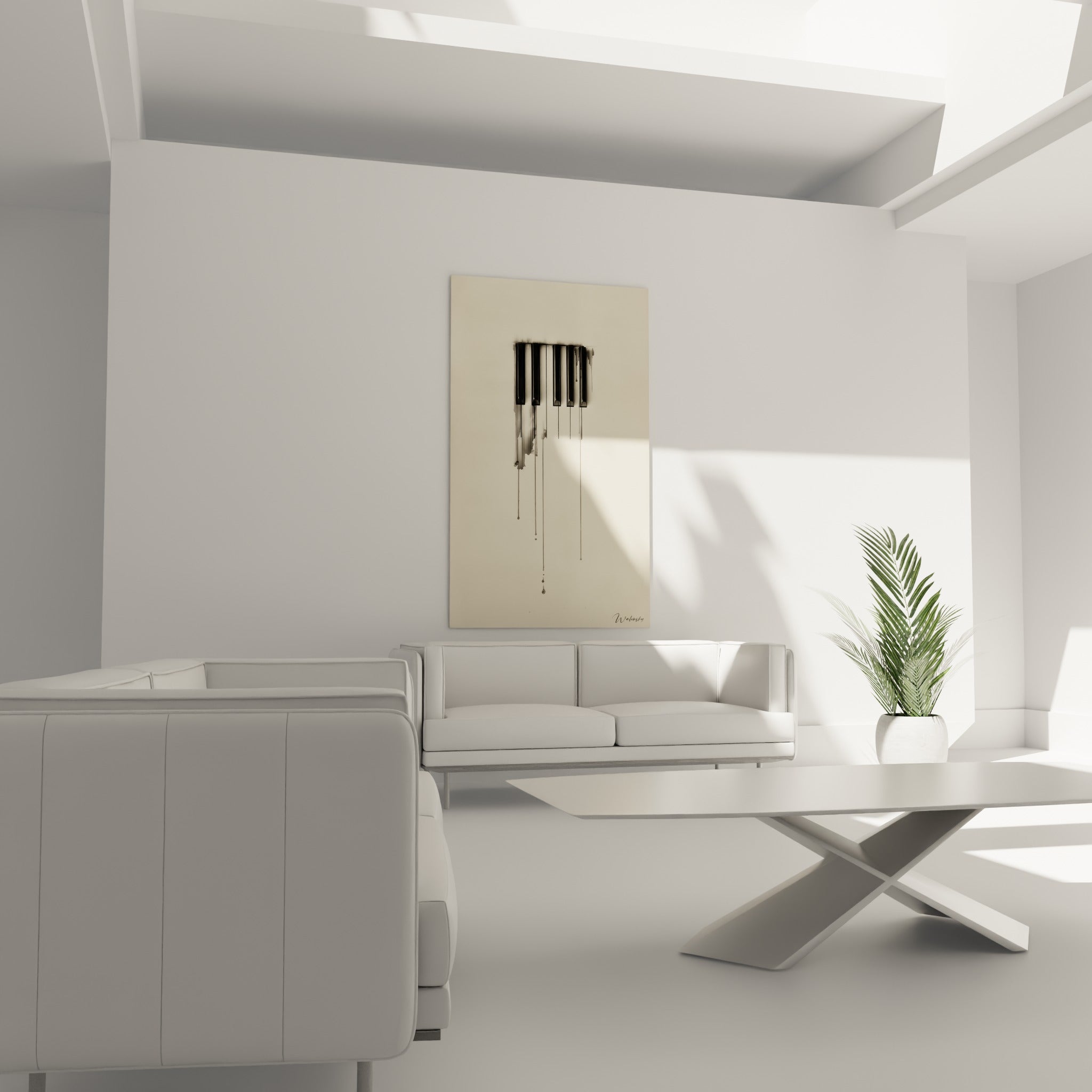 Touches noires suspendues fondant vers un fond beige clair, au-dessus d'un canapé dans un salon lumineux