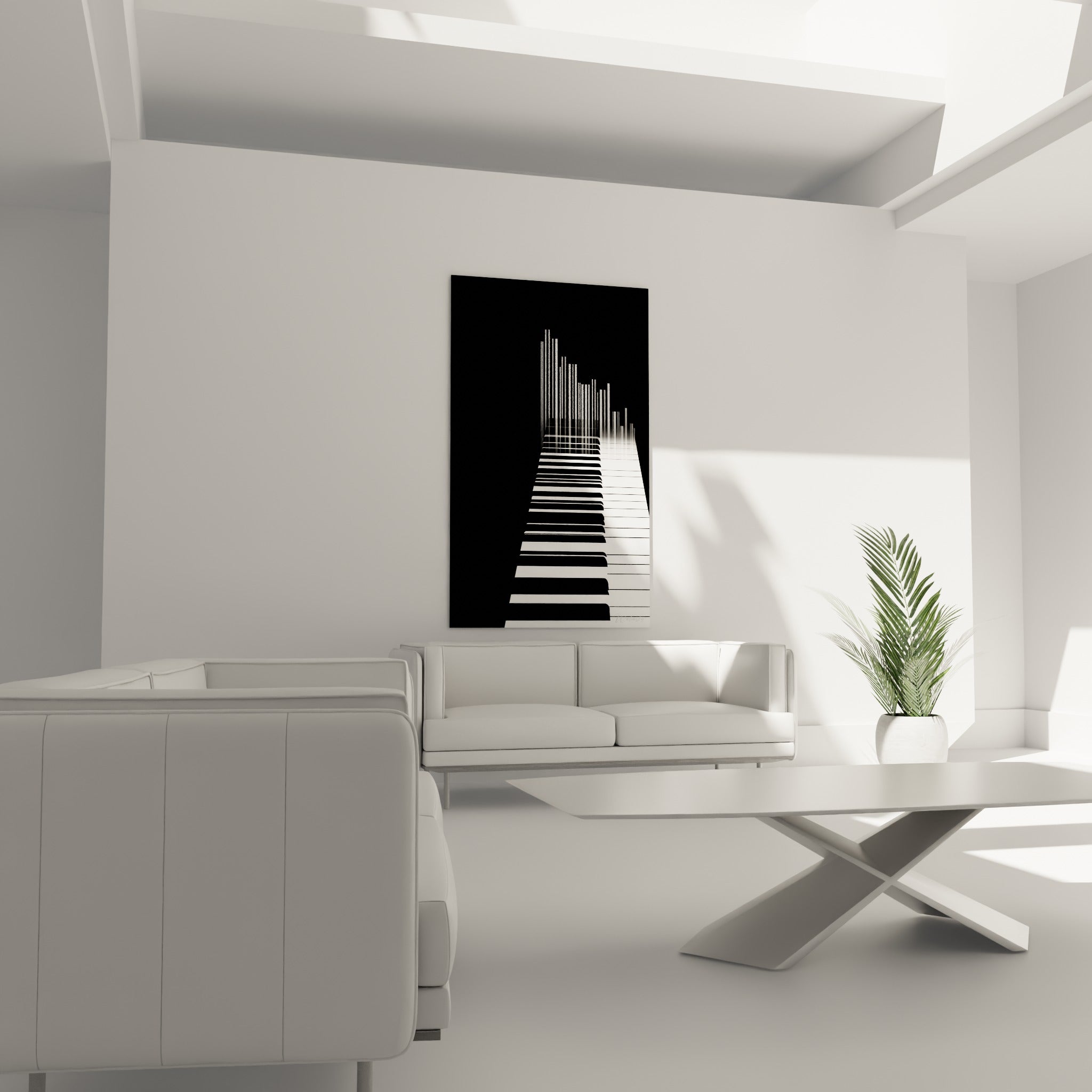 Clavier graphique noir et blanc en perspective, disposé au-dessus d'un canapé dans un salon lumineux